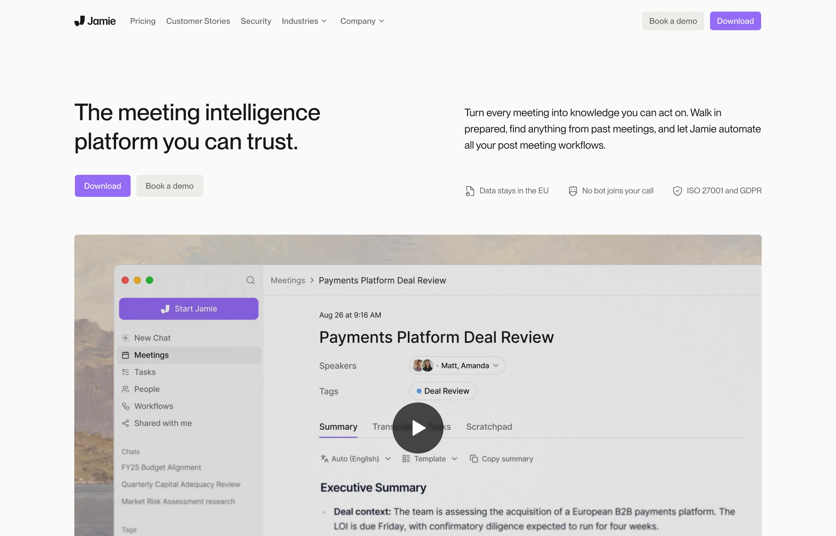 Jamie's meeting intelligence product page with a meeting summary preview.