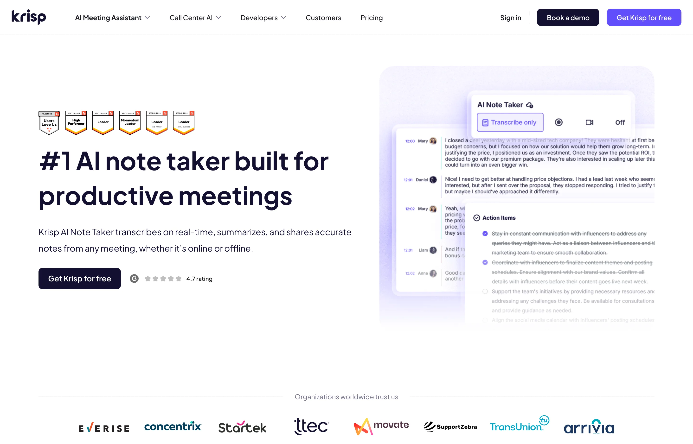 Krisp's AI note taker product page showing its meeting transcription interface.