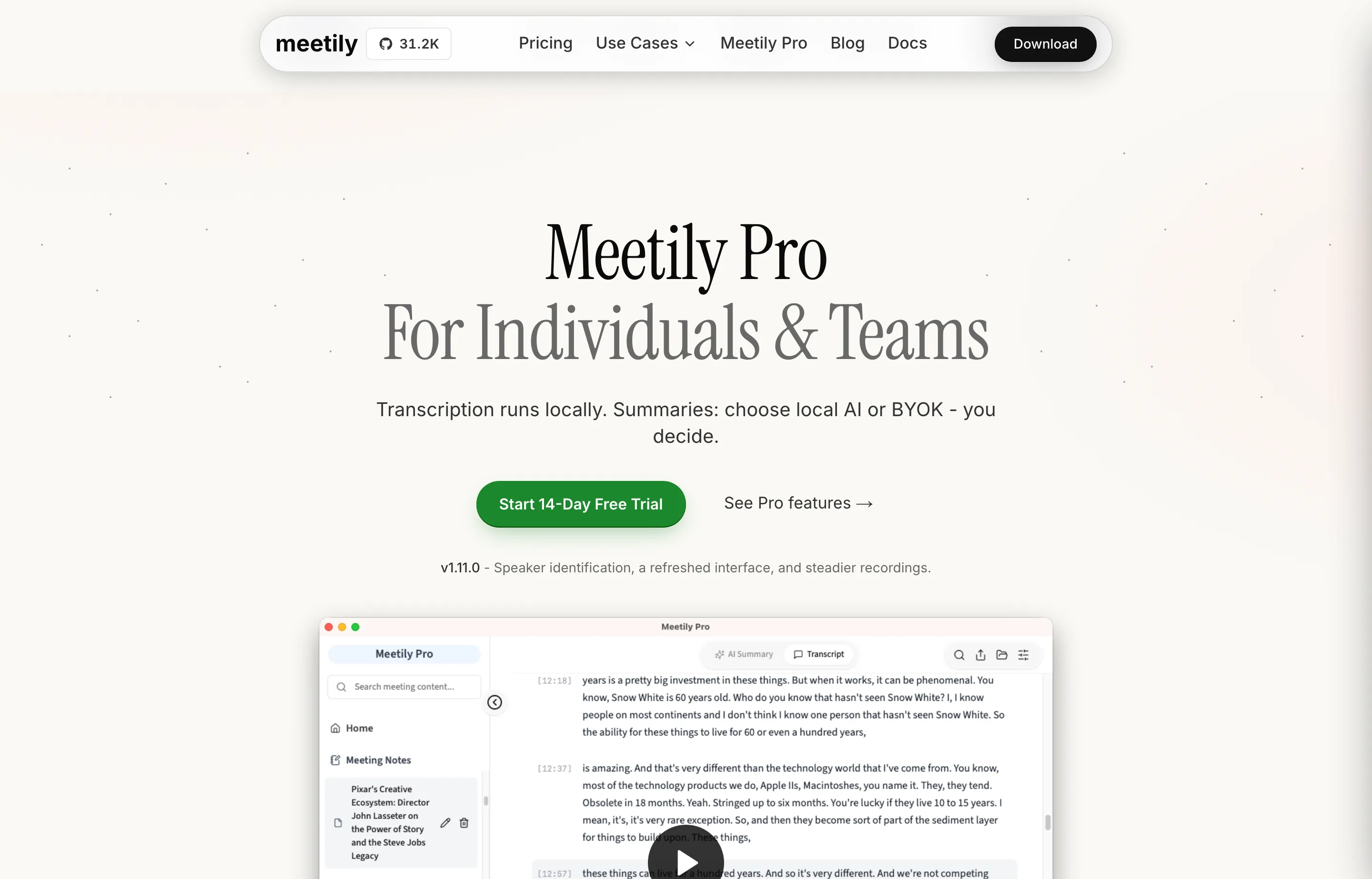 Meetily Pro's product page showing its local transcription interface.