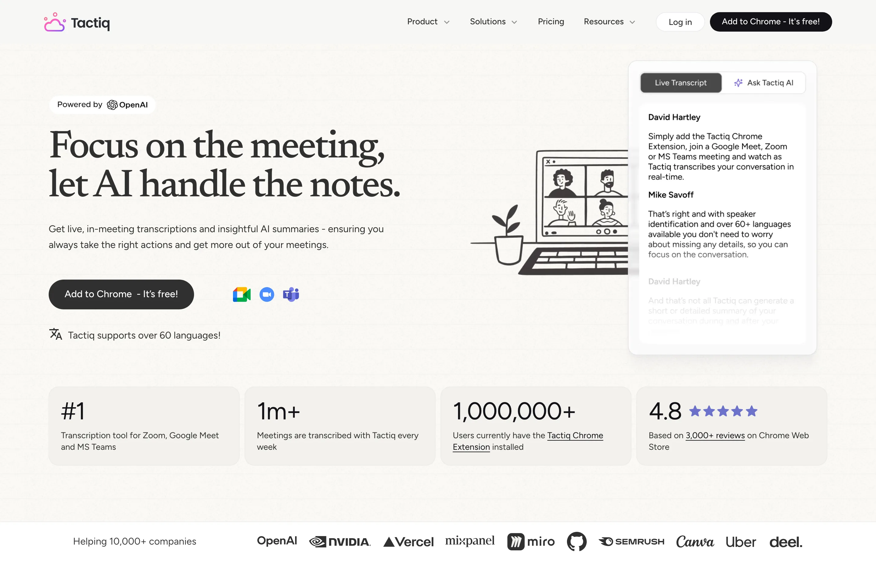 Tactiq's browser-based meeting transcription product page.