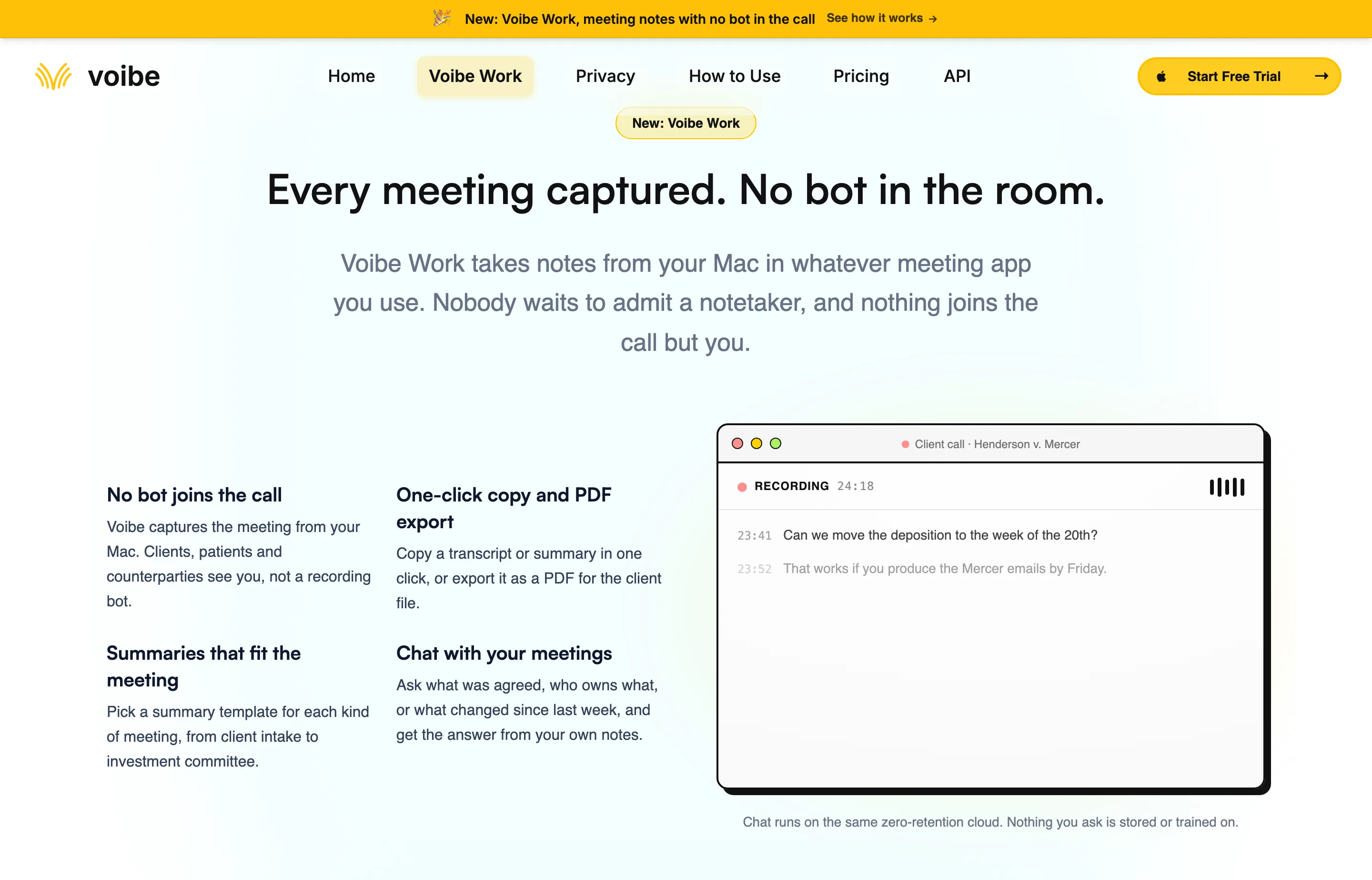 Voibe Work's no-bot meeting section showing a transcript preview, summary options, and meeting chat.
