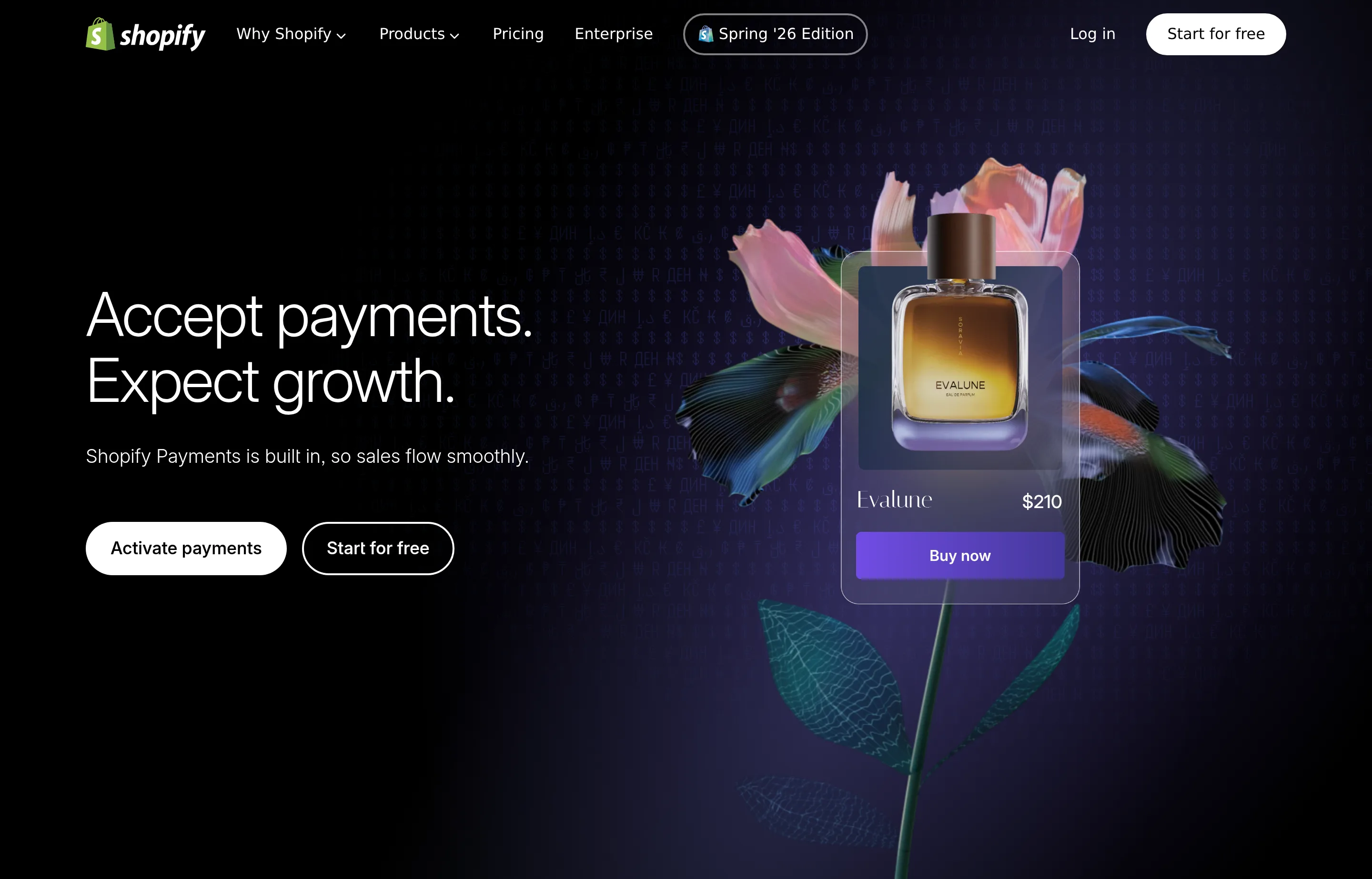 The Shopify Payments website, payments built into the Shopify platform.