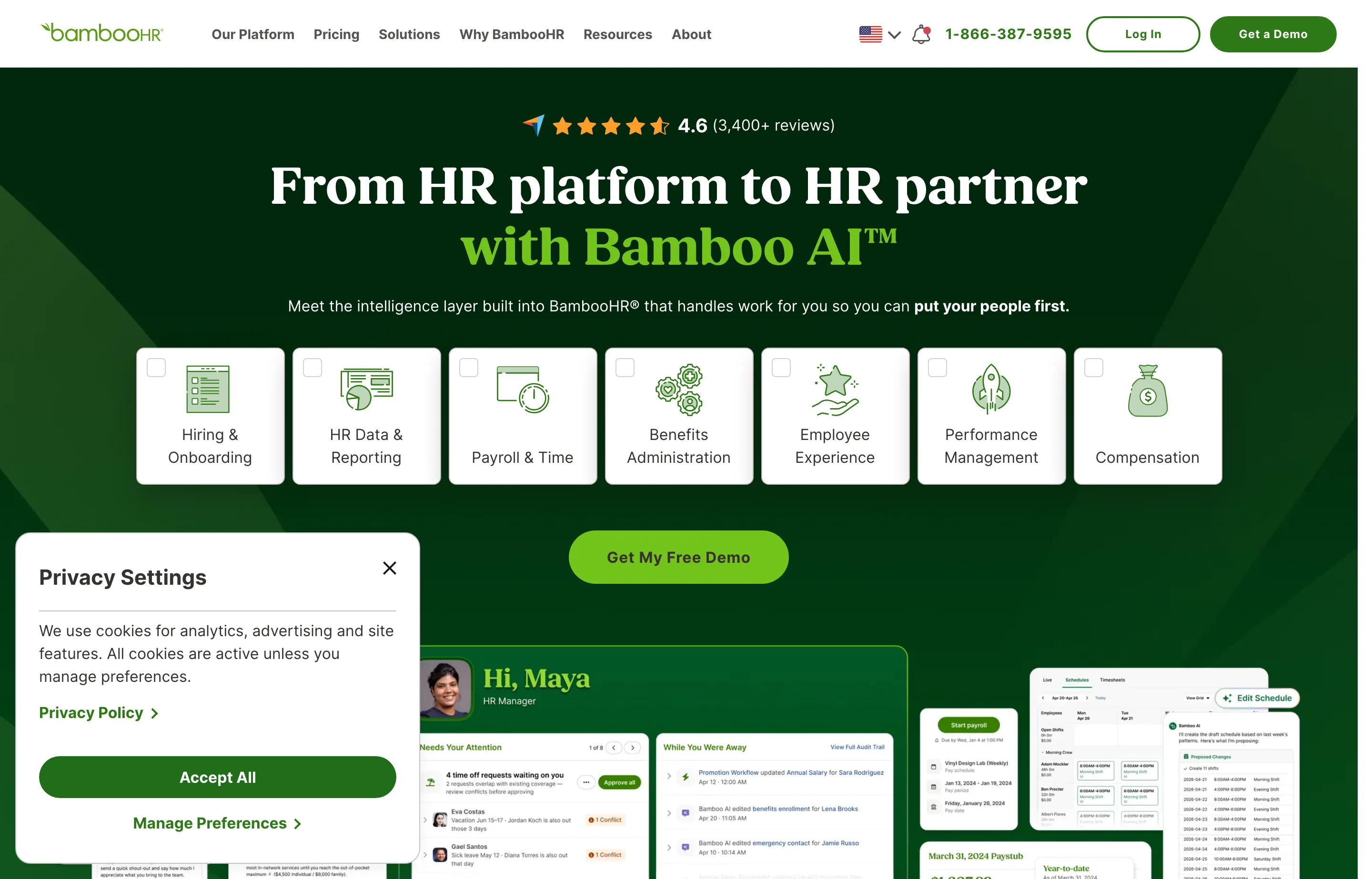 The BambooHR pricing page, HR software with payroll as an add-on.