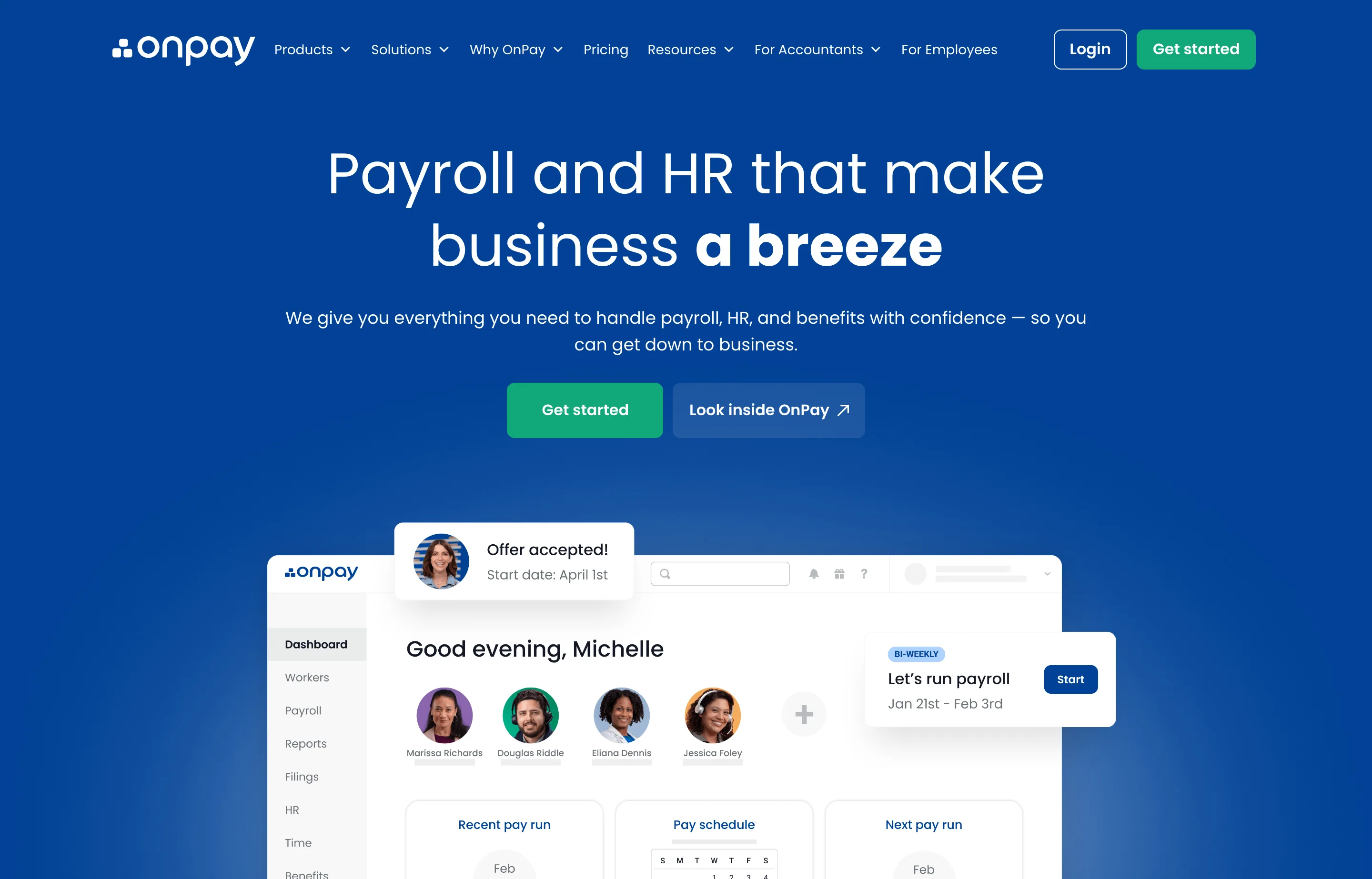 The OnPay pricing page, one plan with everything included for small businesses.