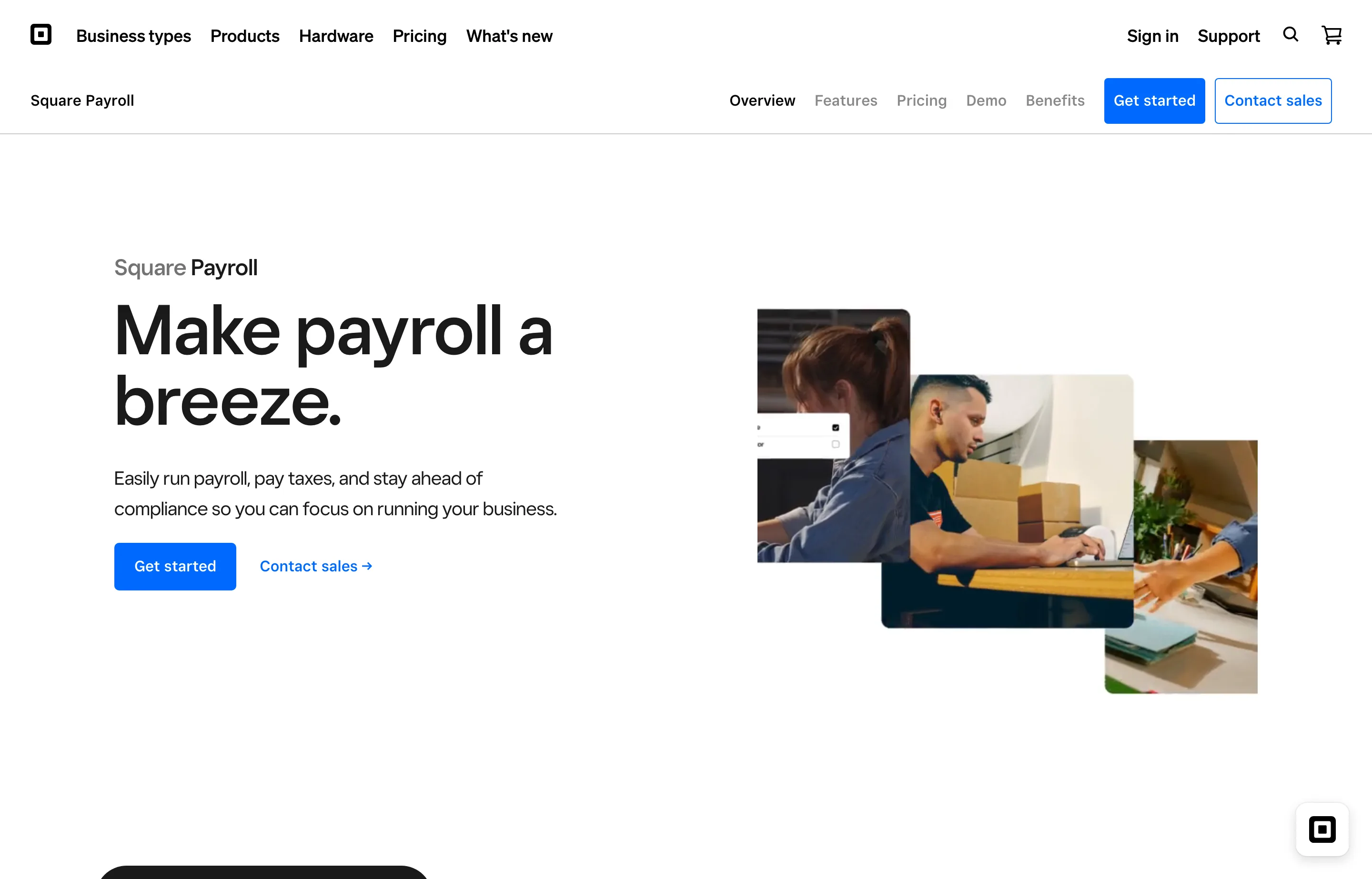 The Square Payroll page, payroll software integrated with Square POS and timecards.