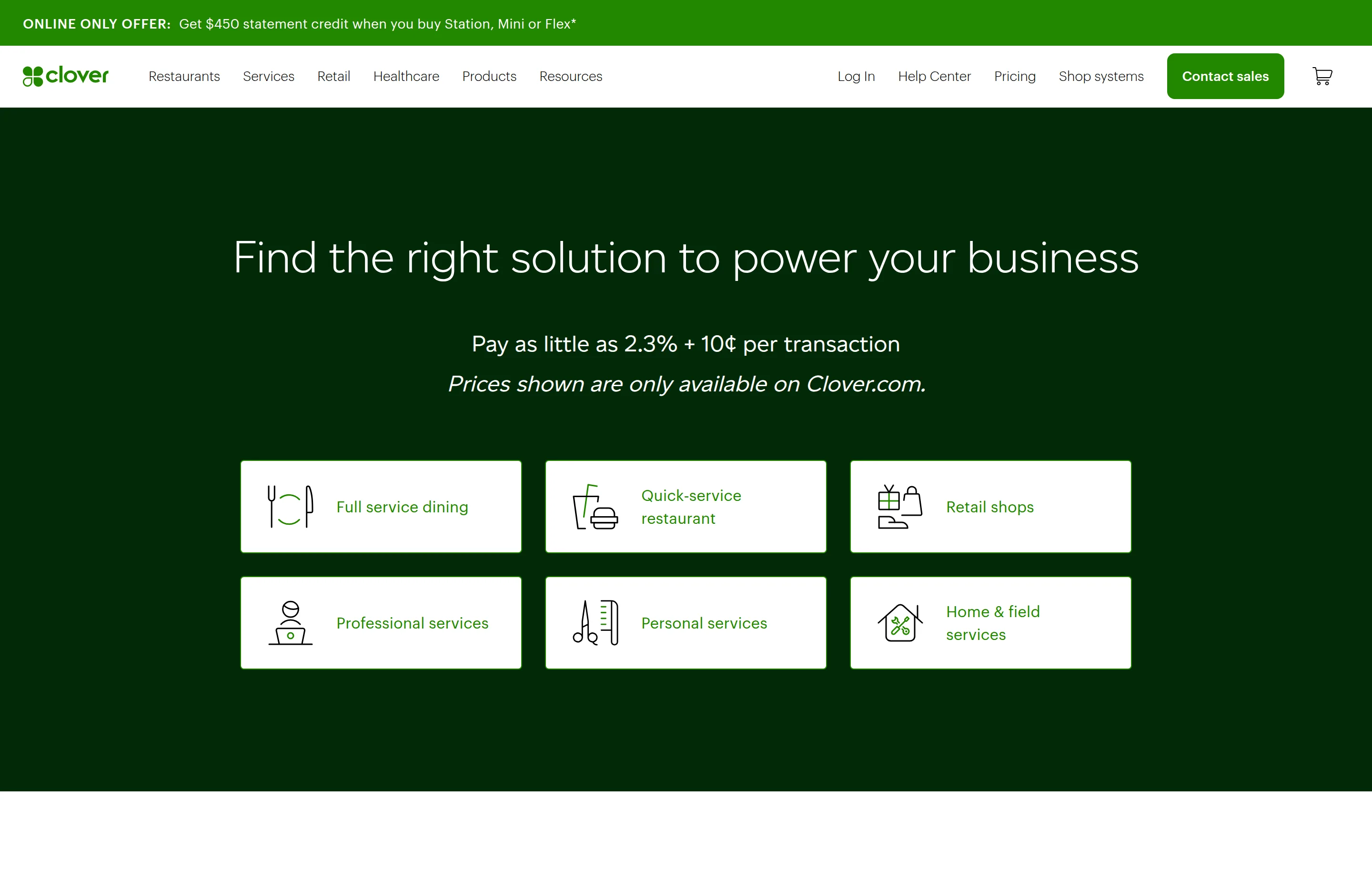 The Clover pricing page, showing per-transaction rates and business-type plans.