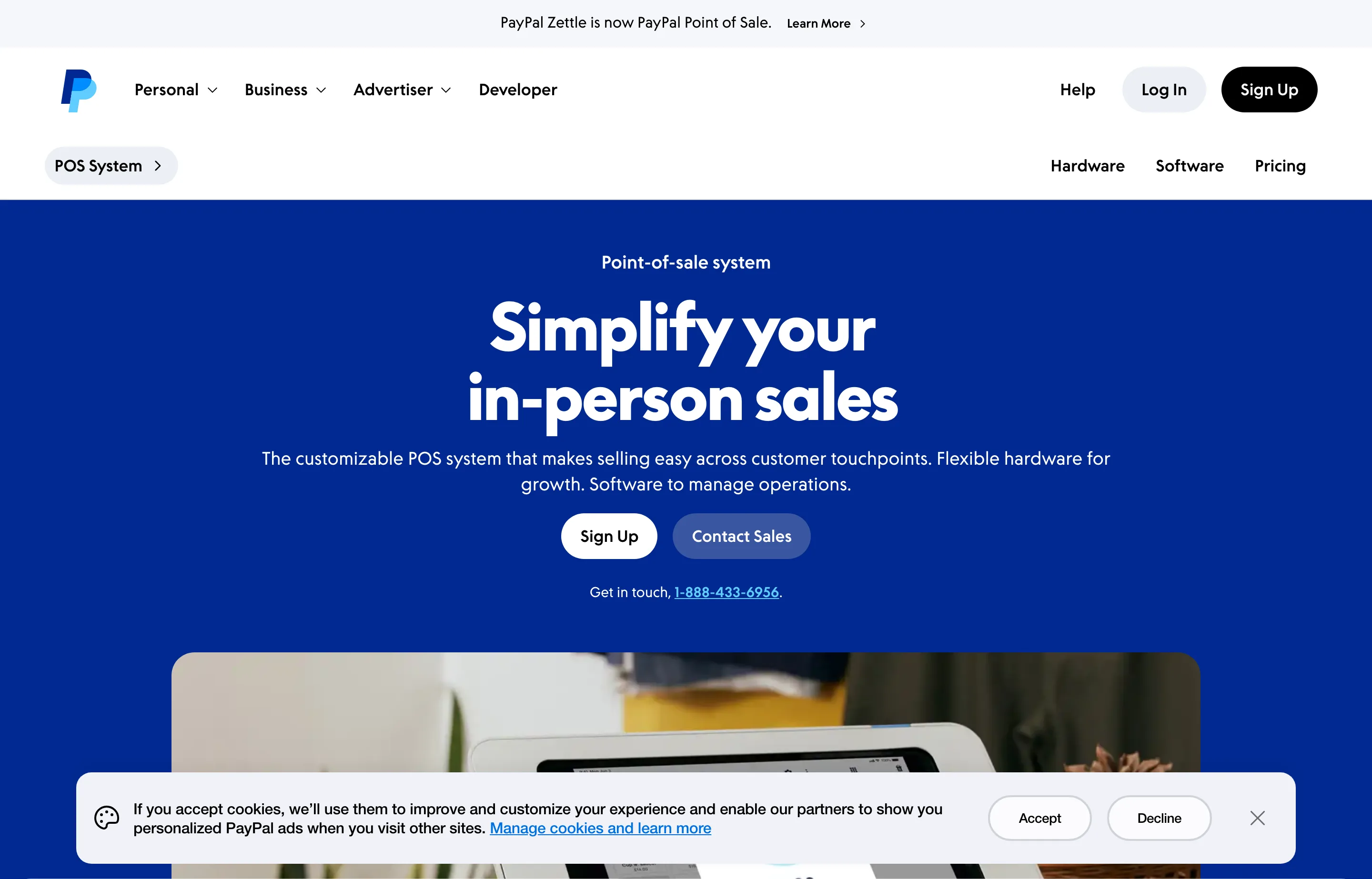 The PayPal Point of Sale page, mobile POS with a card reader for small businesses.