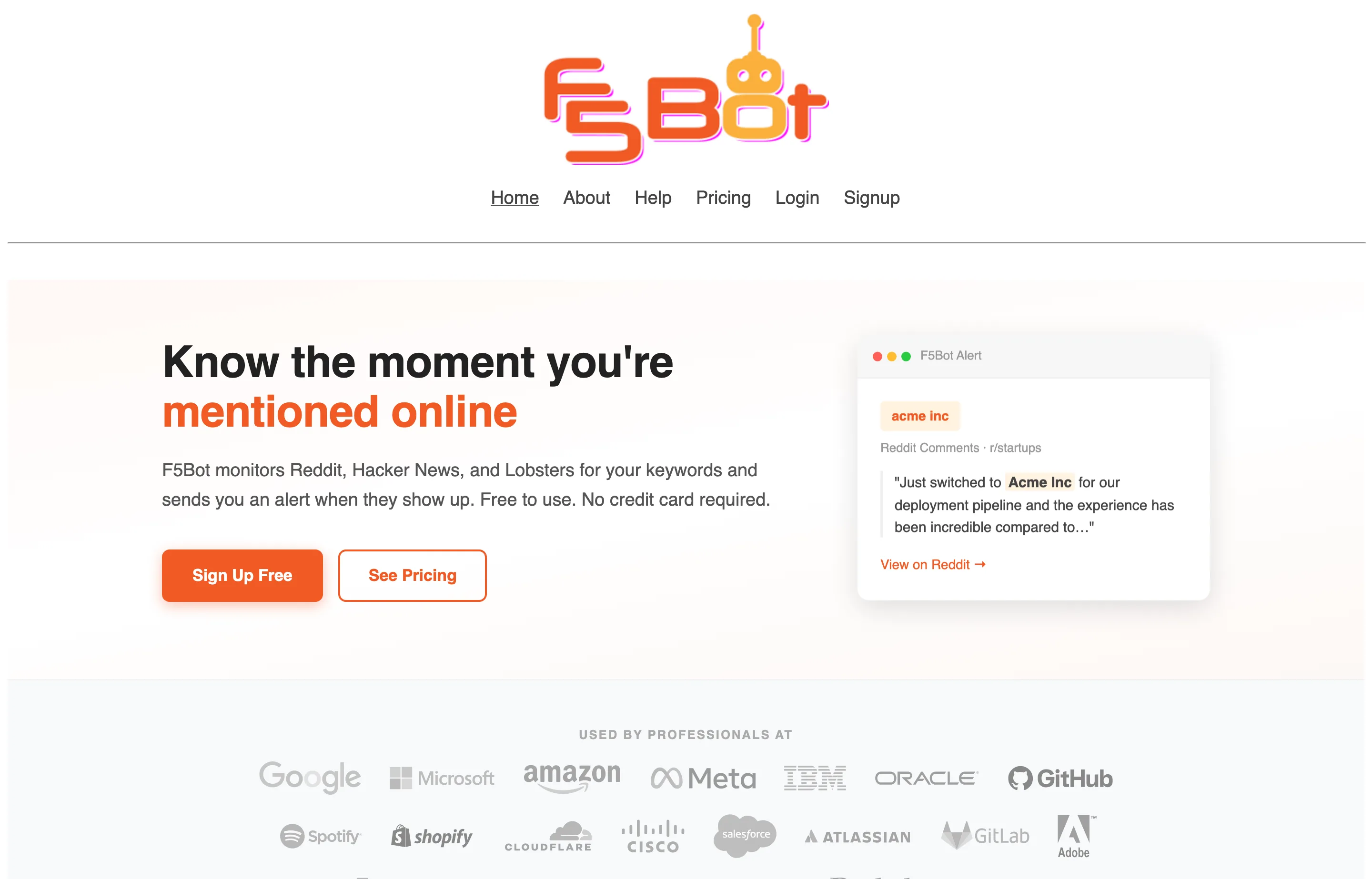 The F5Bot website, an email alert service for keyword mentions across Reddit, Hacker News, and Lobsters.