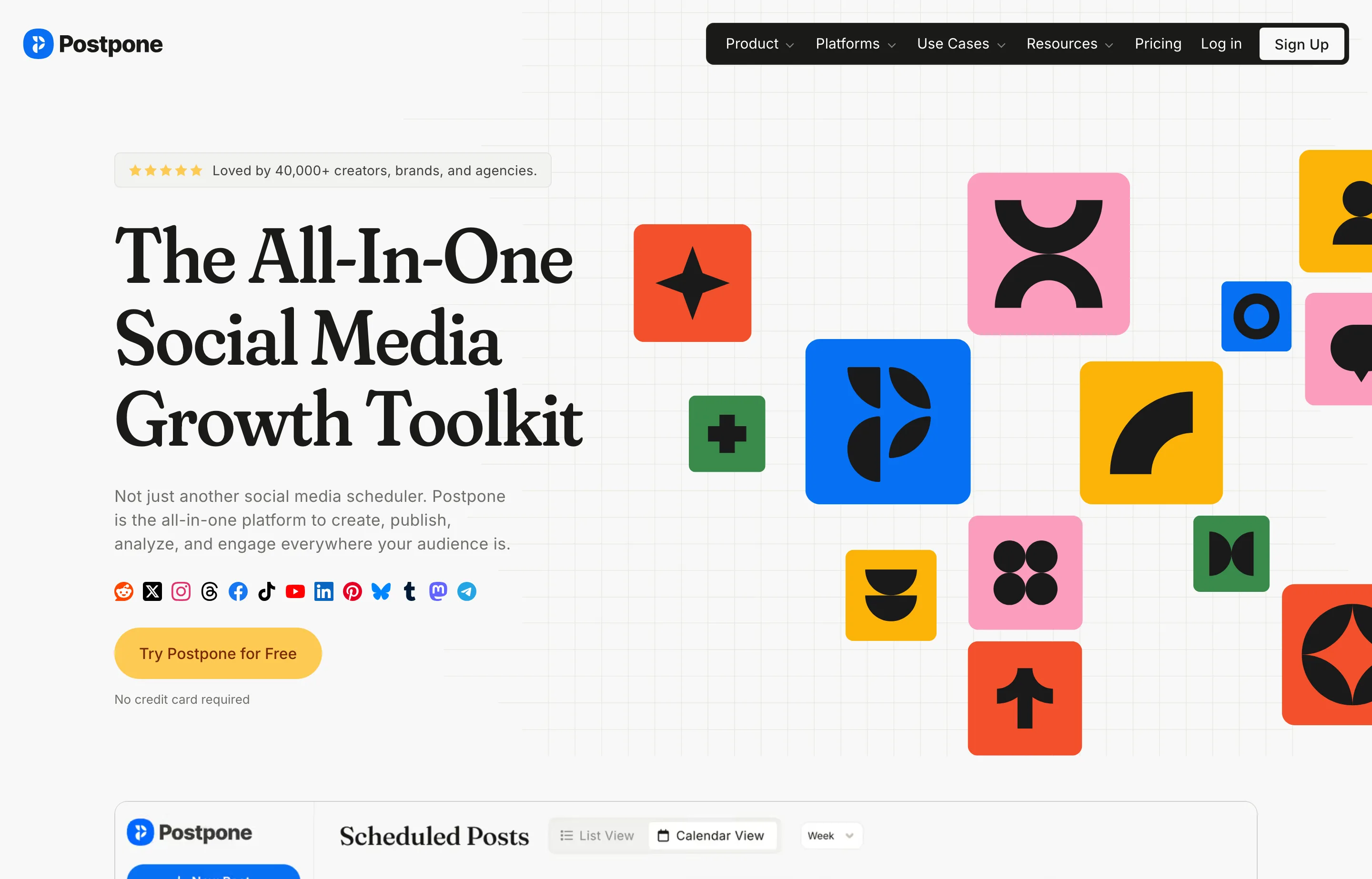 The Postpone website, a social scheduler that supports Reddit publishing and subreddit discovery.