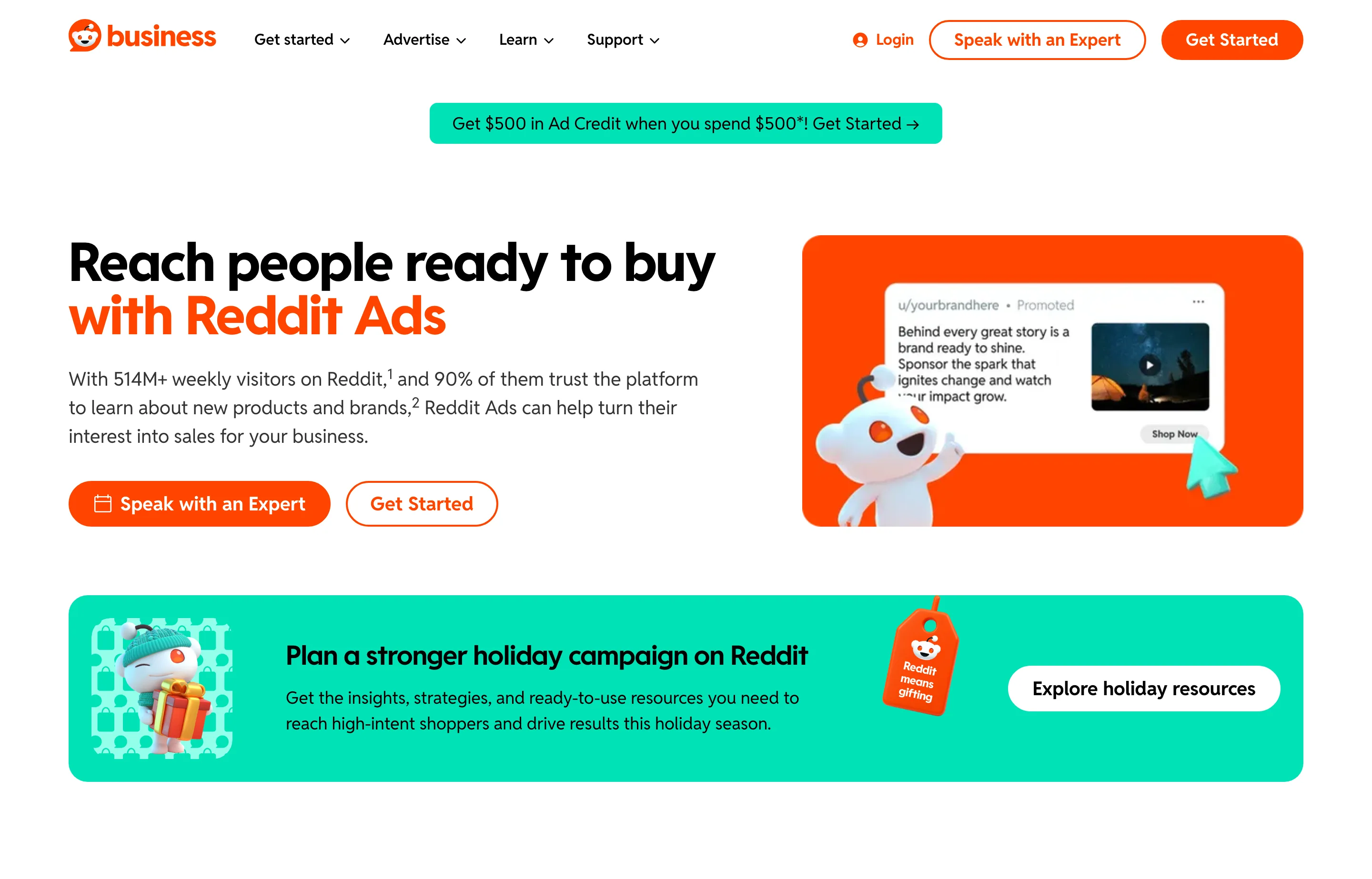 Reddit for Business, the self-serve advertising platform, showing 514M+ weekly visitors and a $500 matching ad credit.