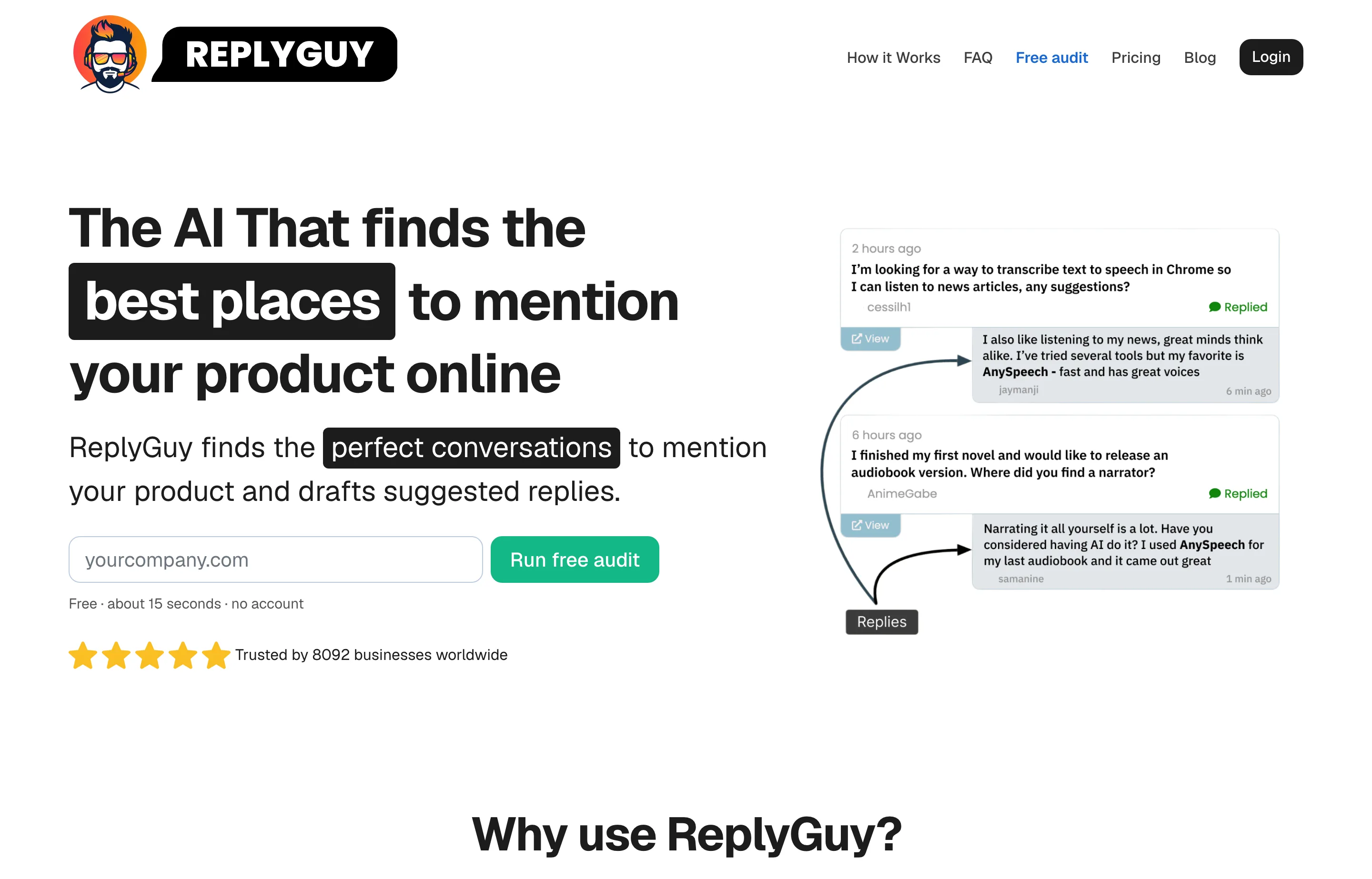 The ReplyGuy website, an AI tool that auto-posts replies to online conversations.