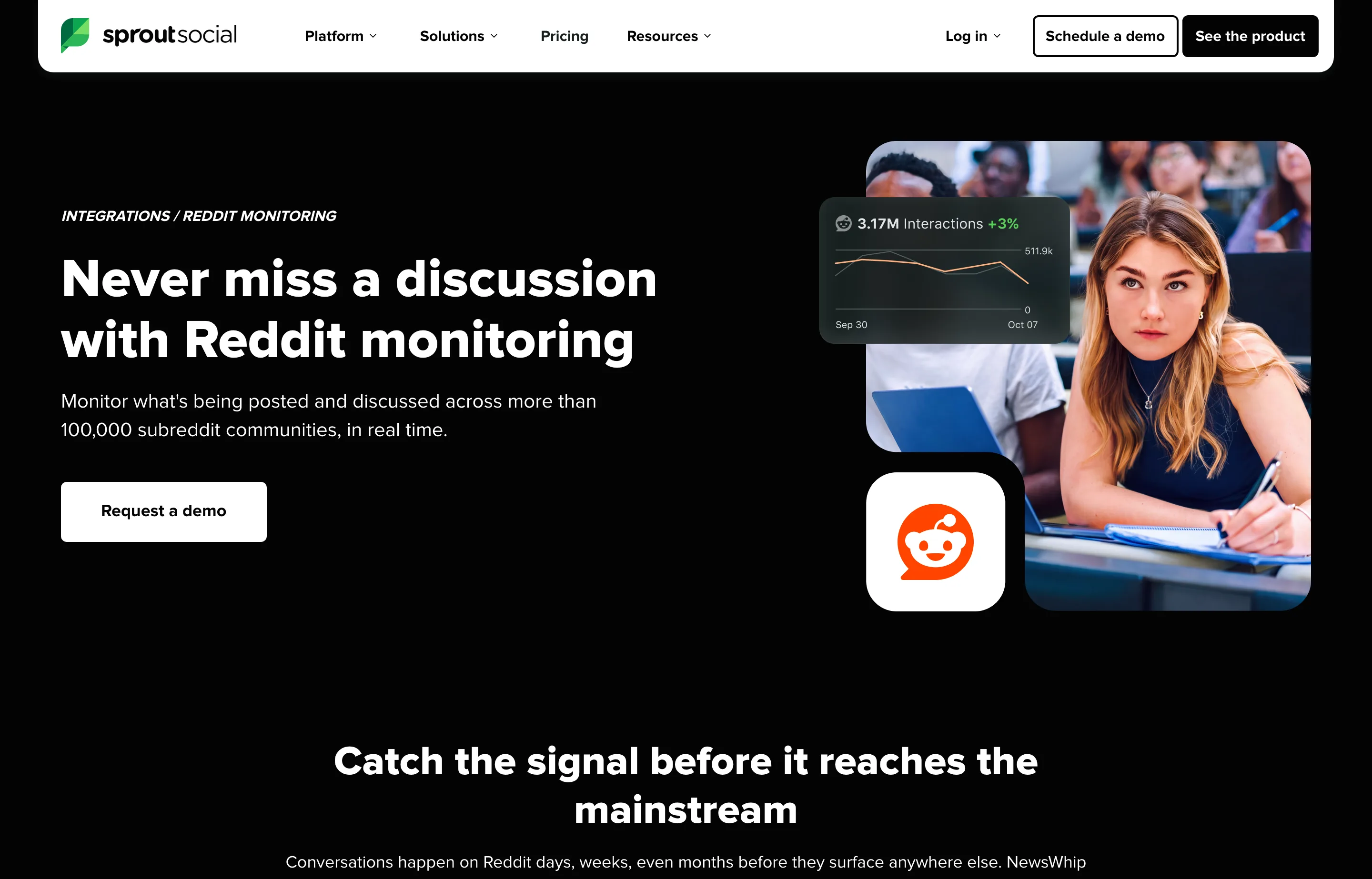 The Sprout Social Reddit monitoring integration page, describing real-time monitoring across more than 100,000 subreddits.