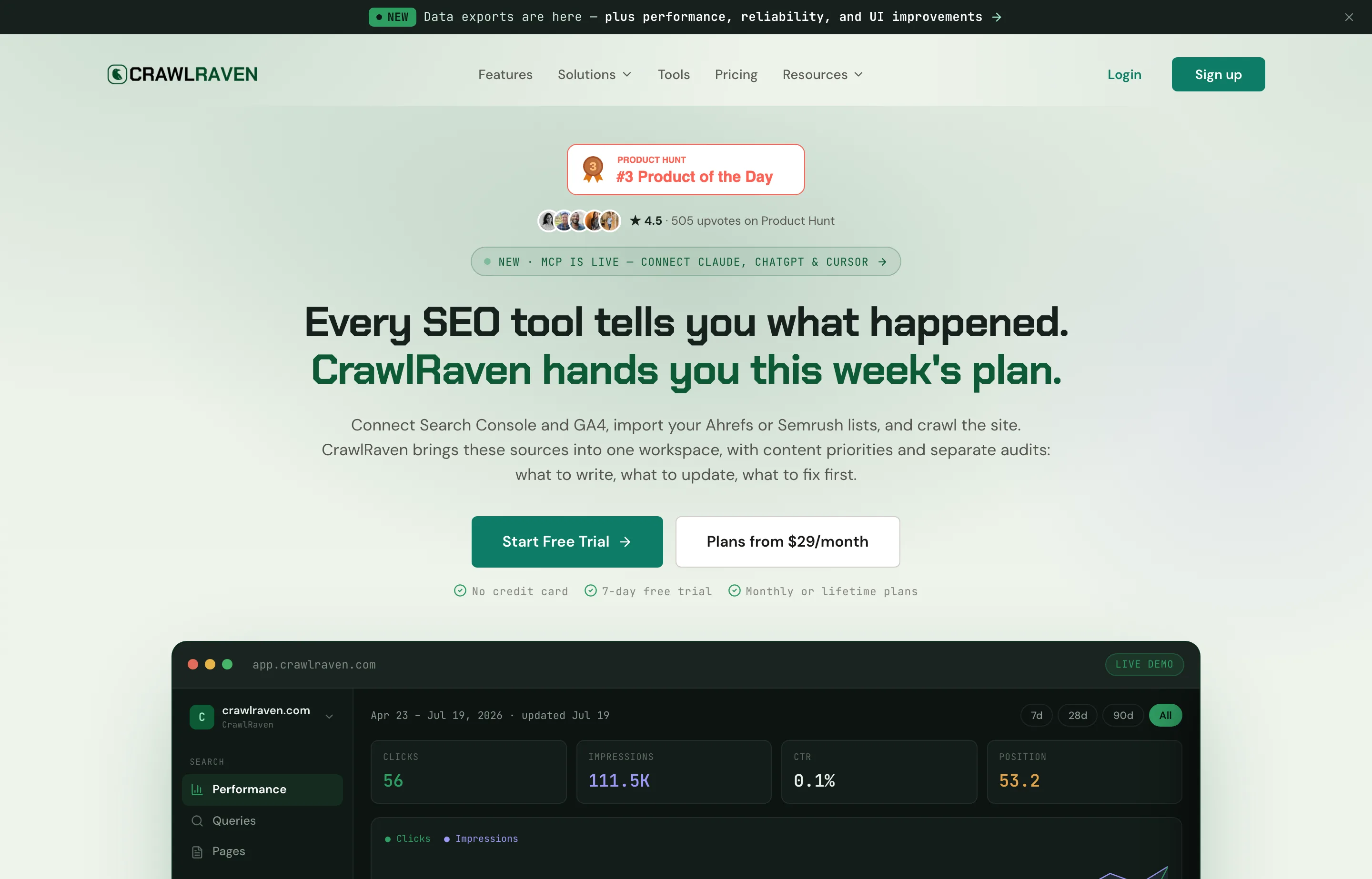CrawlRaven's SEO audit and opportunity dashboard website.