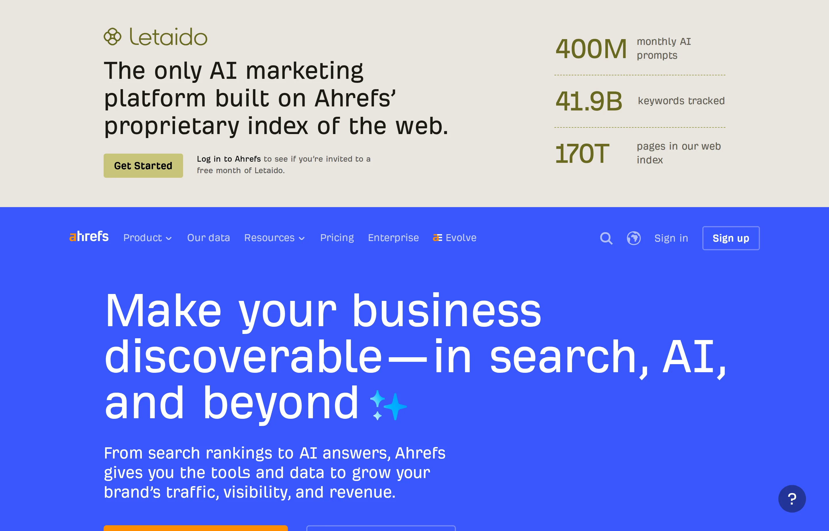 The Ahrefs website homepage.