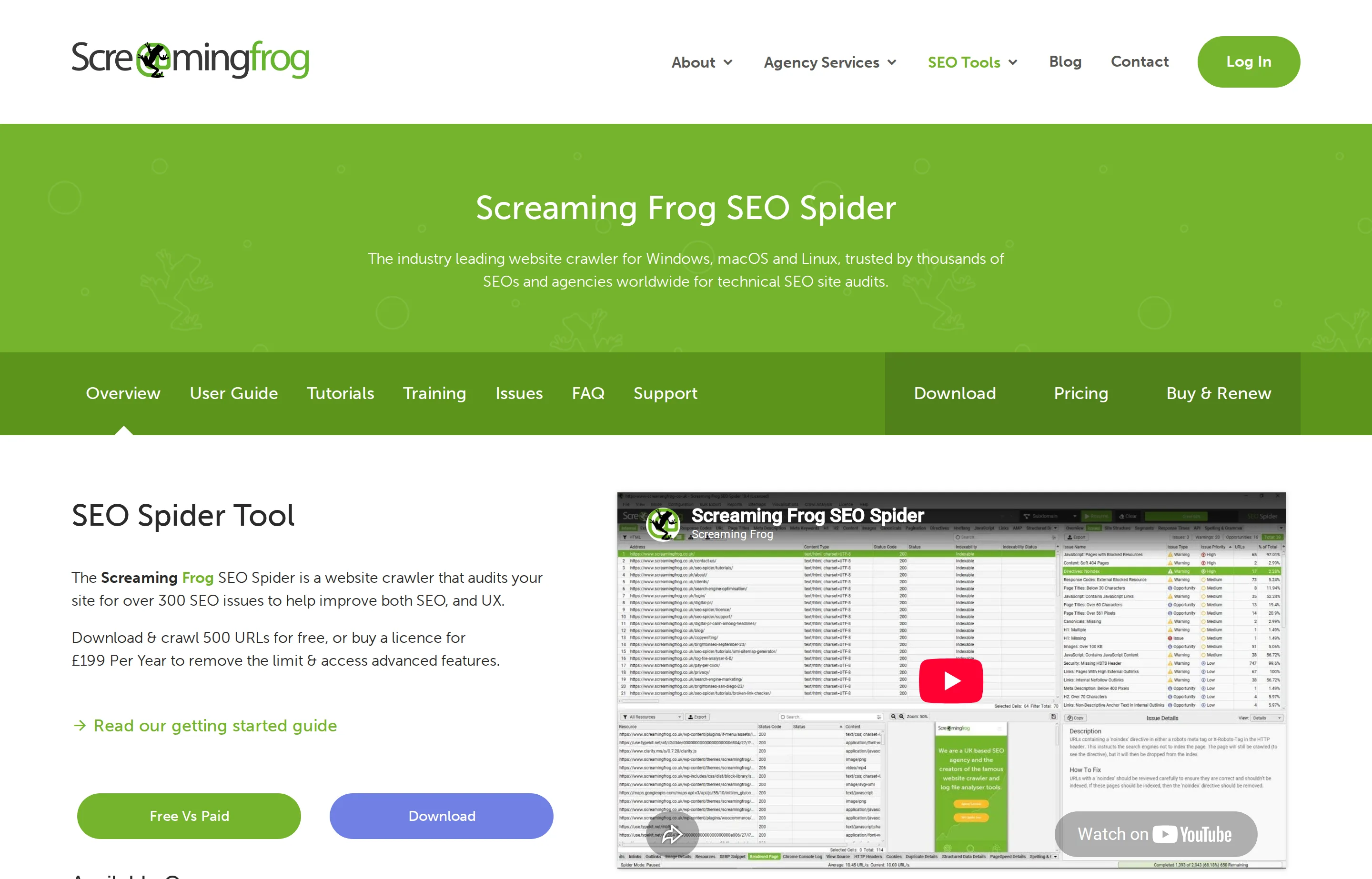 The Screaming Frog SEO Spider product page.