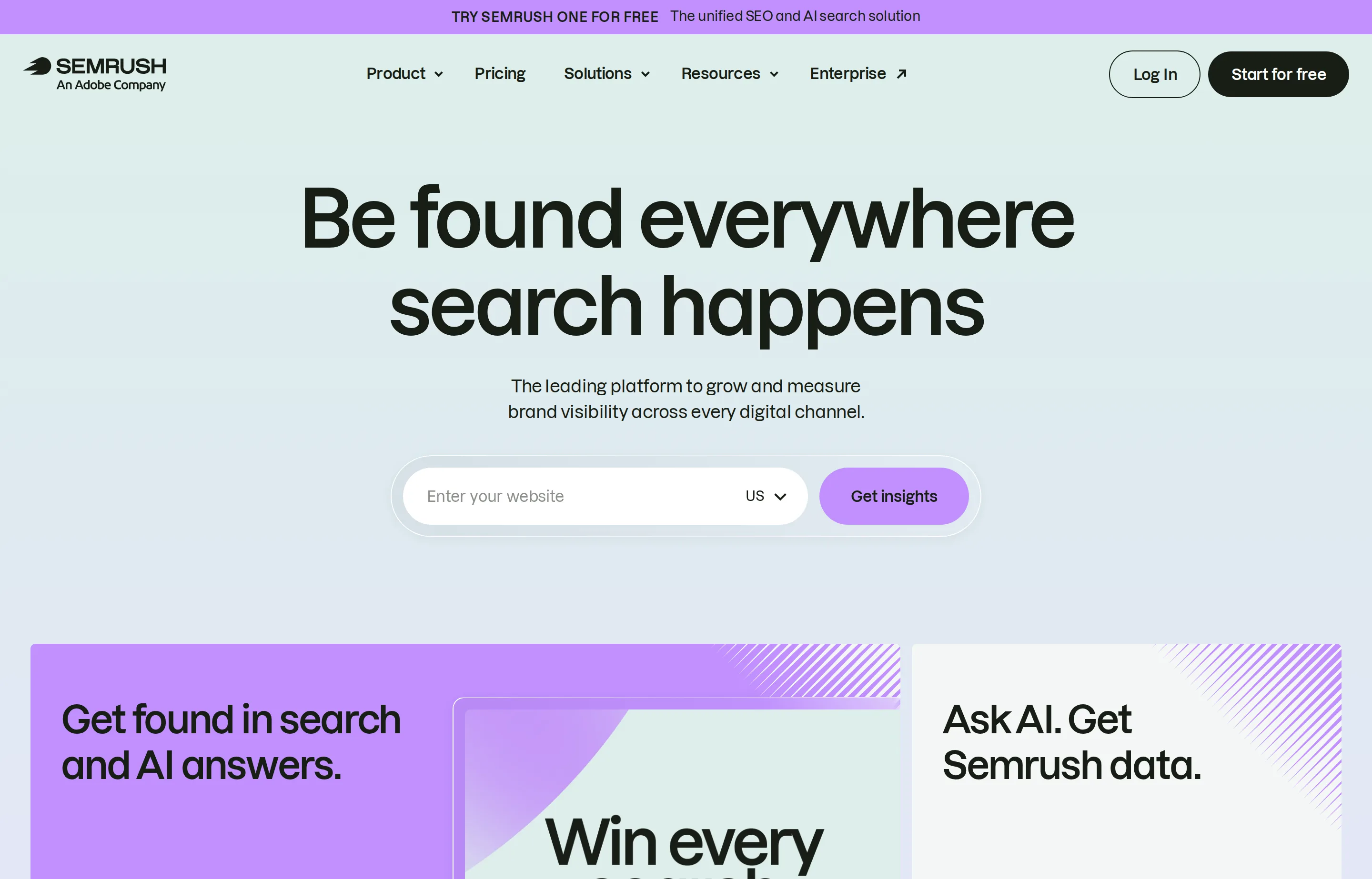The Semrush website homepage.