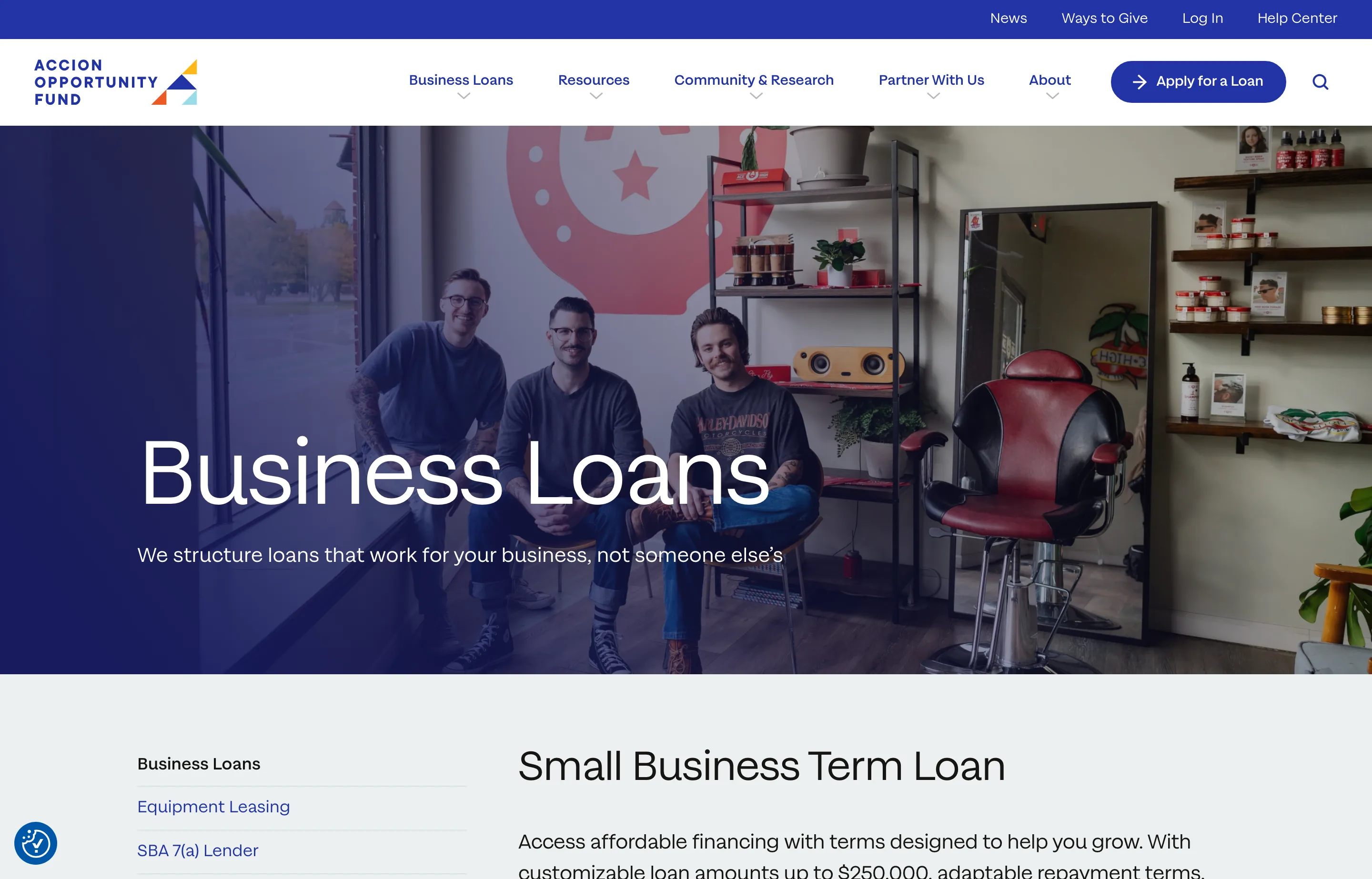The Accion Opportunity Fund business loans page, with term loans, SBA 7(a), and truck financing.