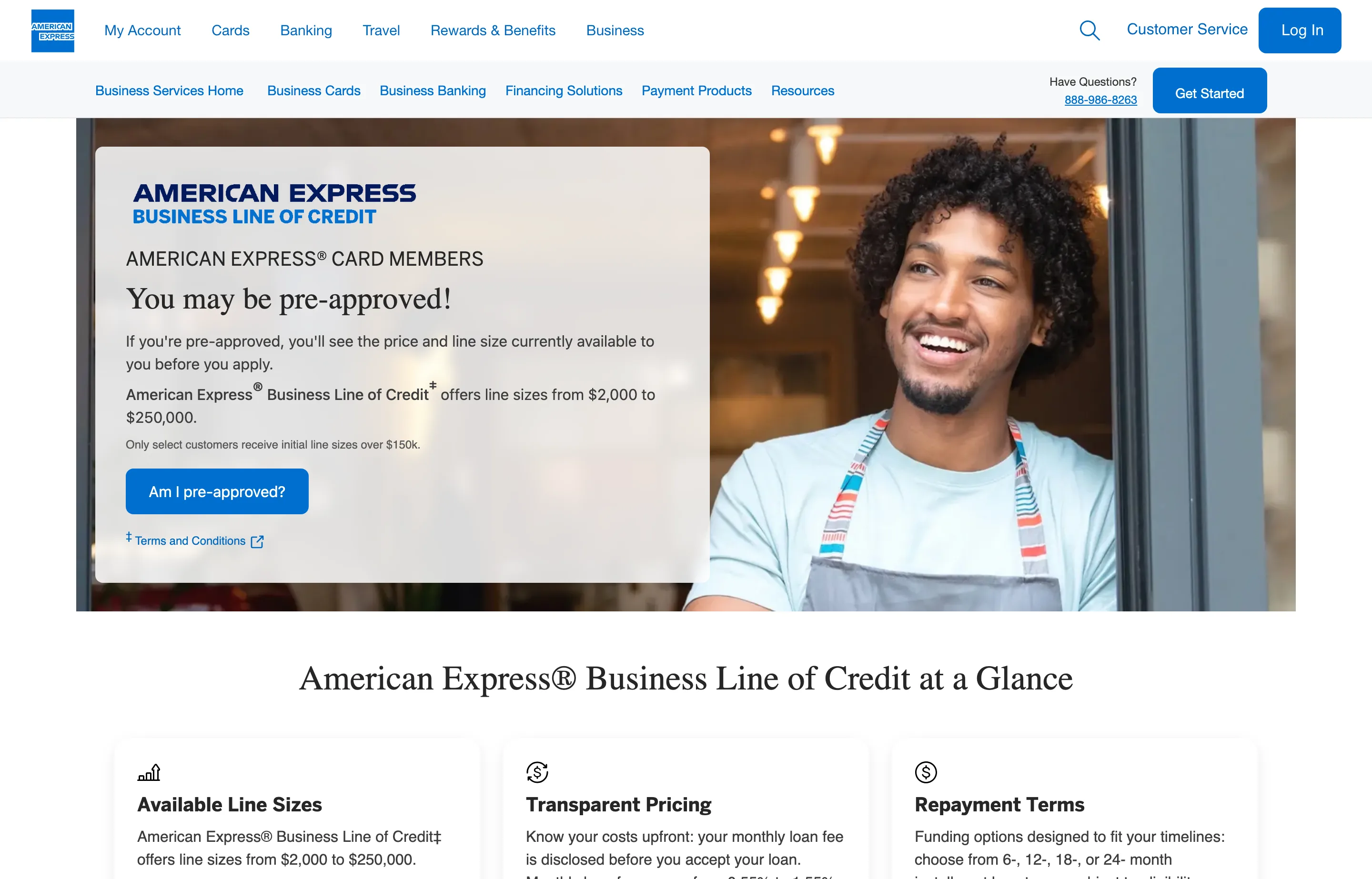 The American Express Business Line of Credit page, with line sizes and monthly-fee pricing.