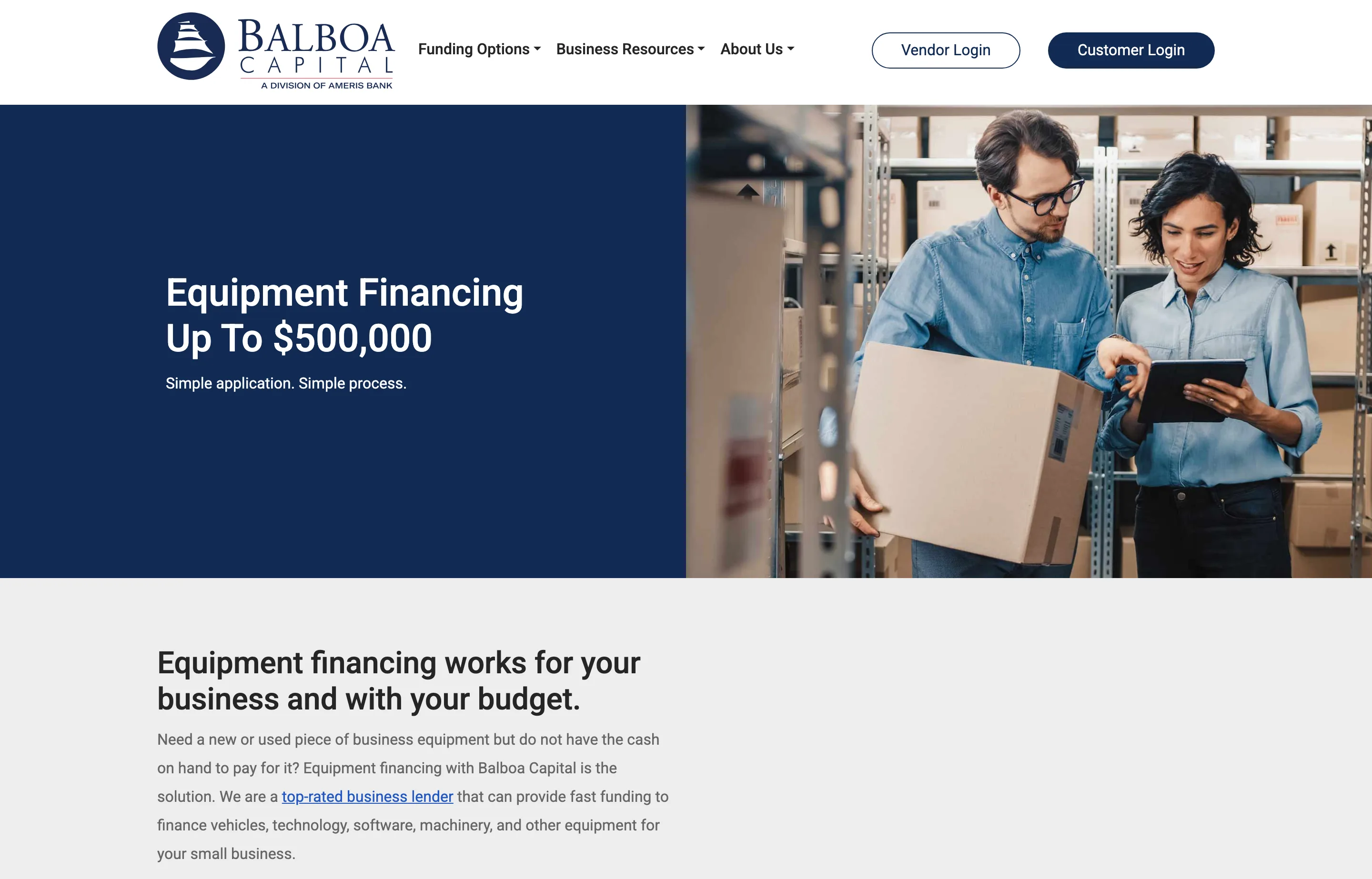 The Ameris Bank equipment financing page, with funding up to $500,000.