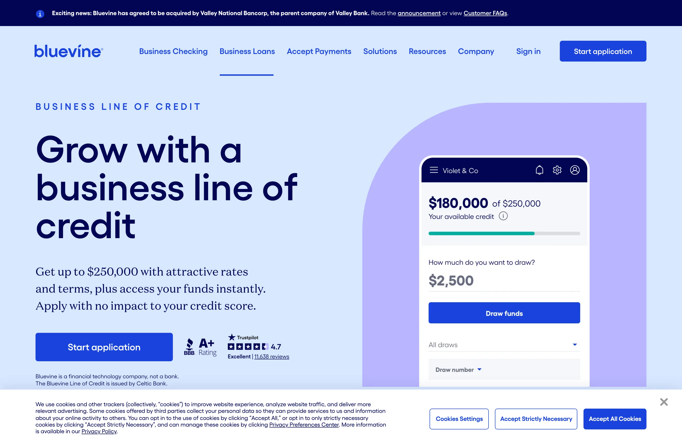 The Bluevine business line of credit page, with credit lines up to $250,000.