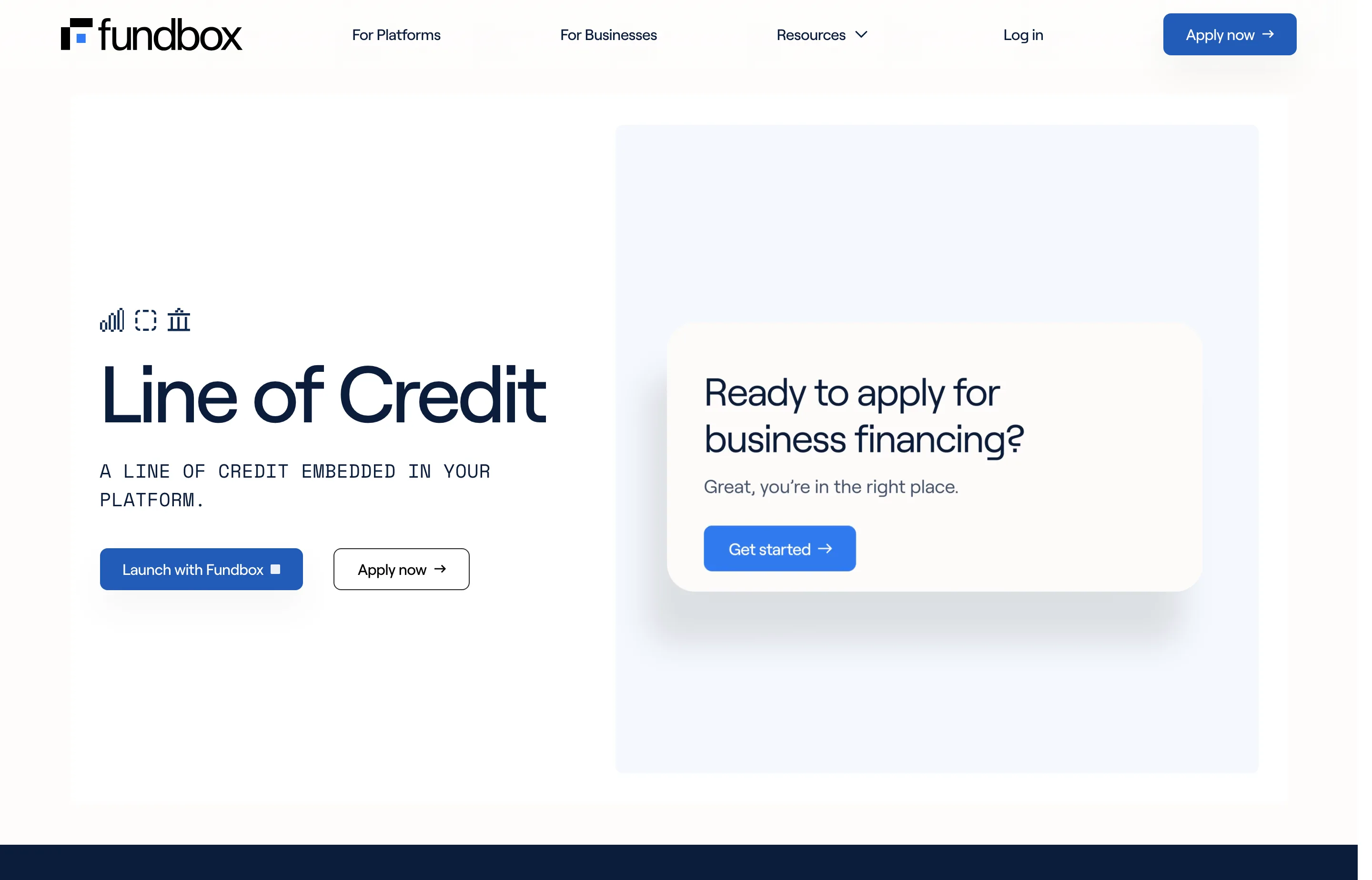 The Fundbox line of credit page, with draw-based repayment terms.
