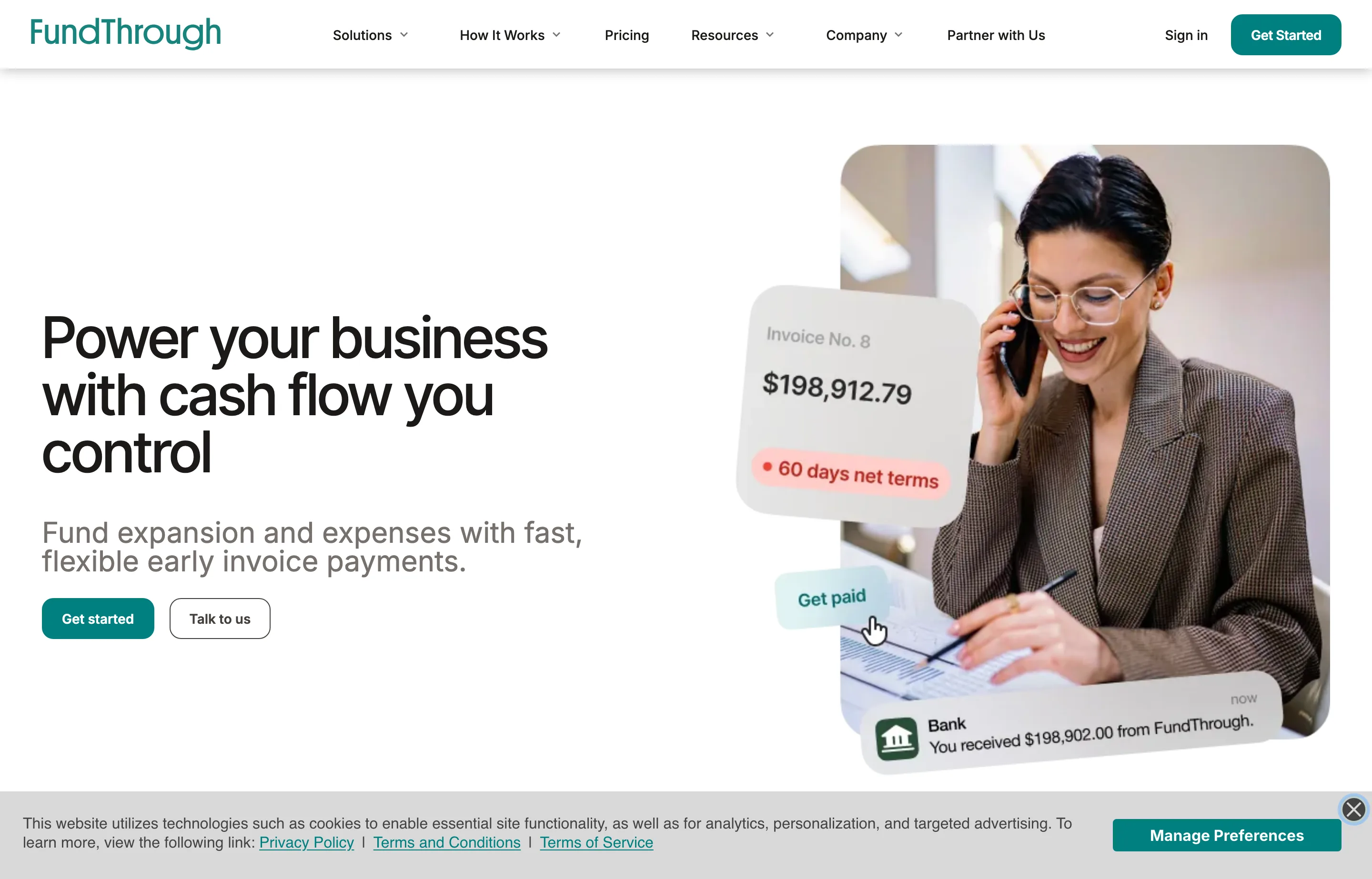 The FundThrough homepage, invoice factoring that pays you a day after funding.