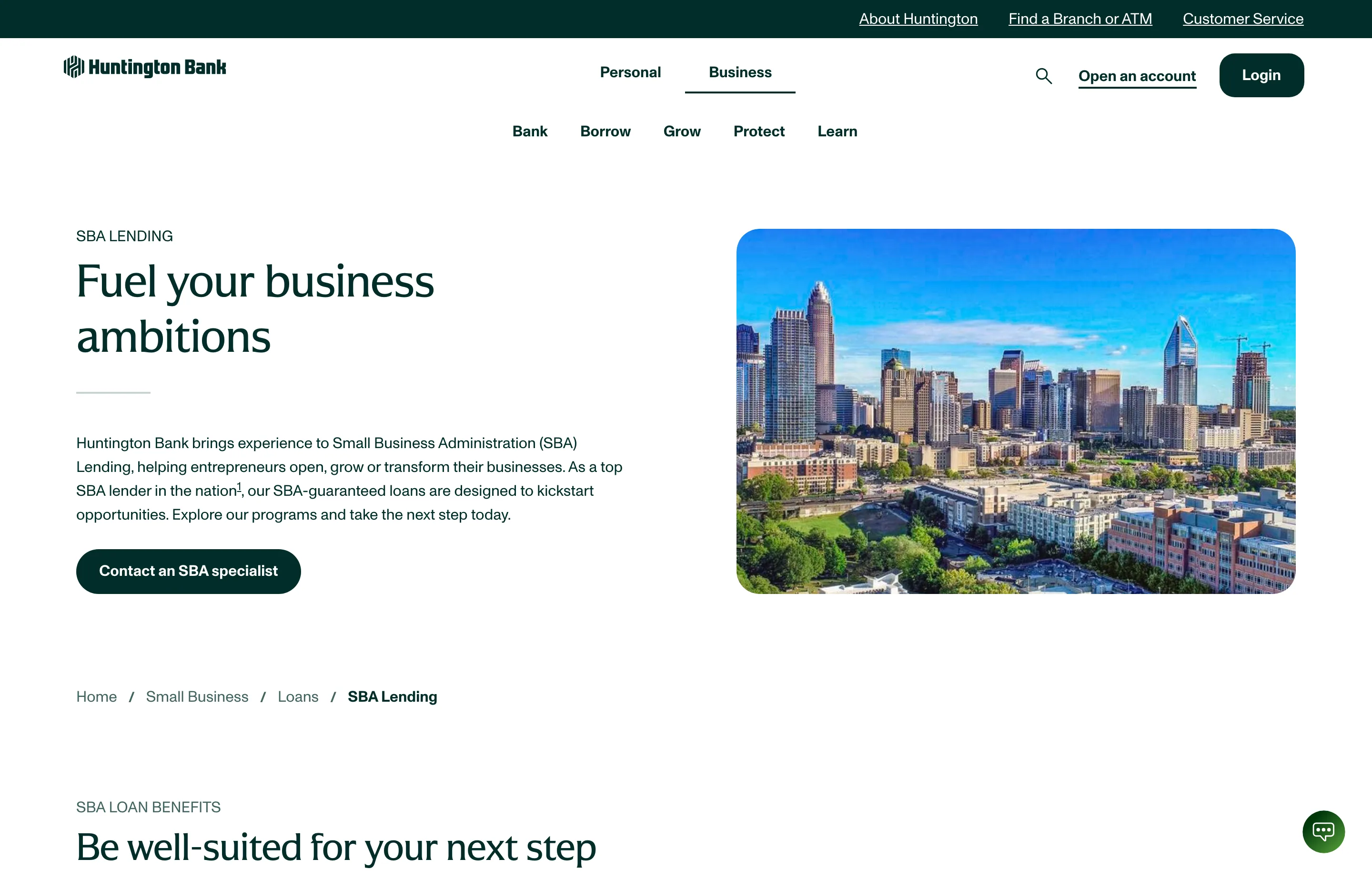 The Huntington Bank SBA-guaranteed business loans page, with SBA lending options and specialist contact.