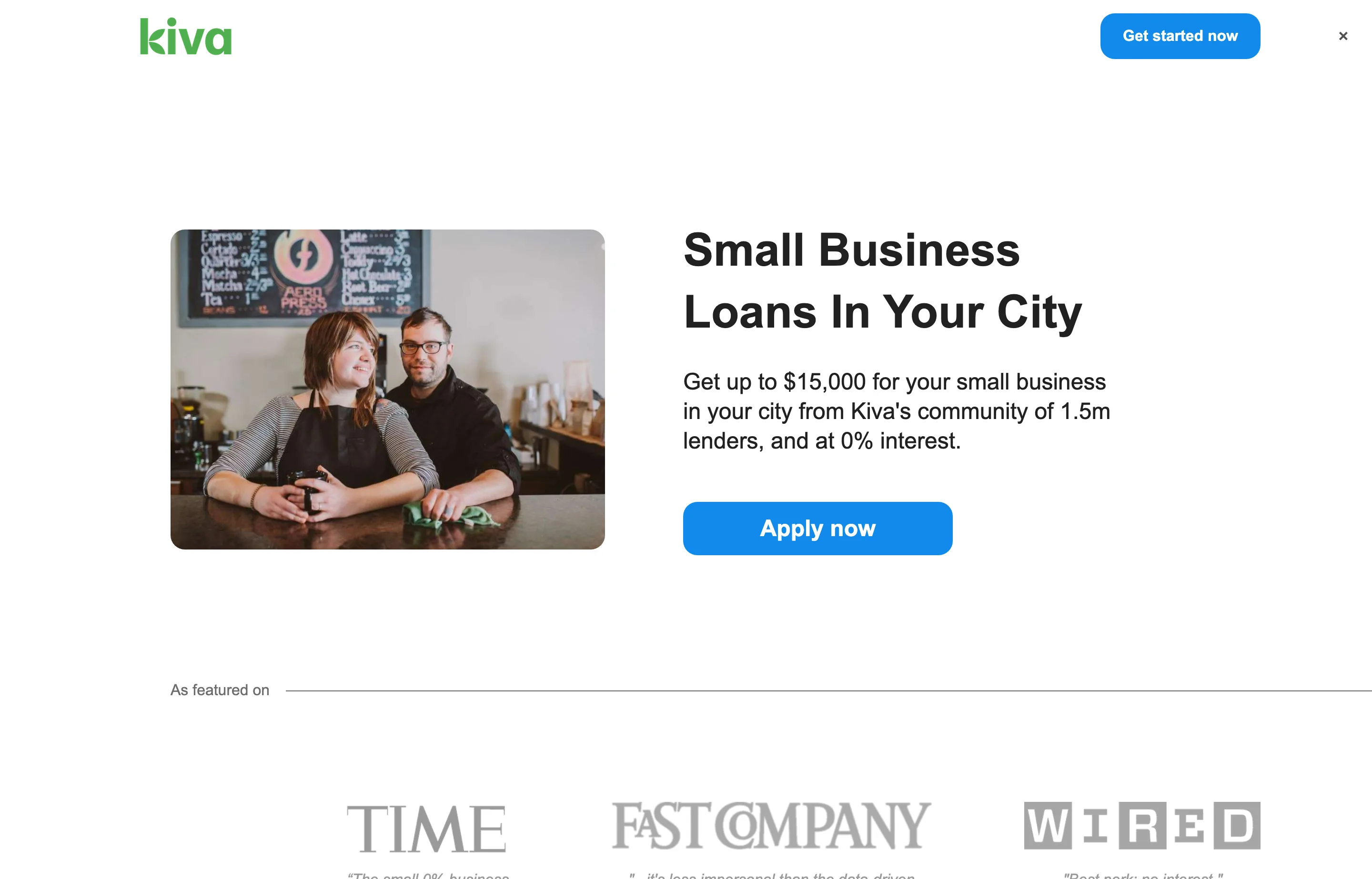 The Kiva US borrower page, showing 0% interest small-business loans up to $15,000.