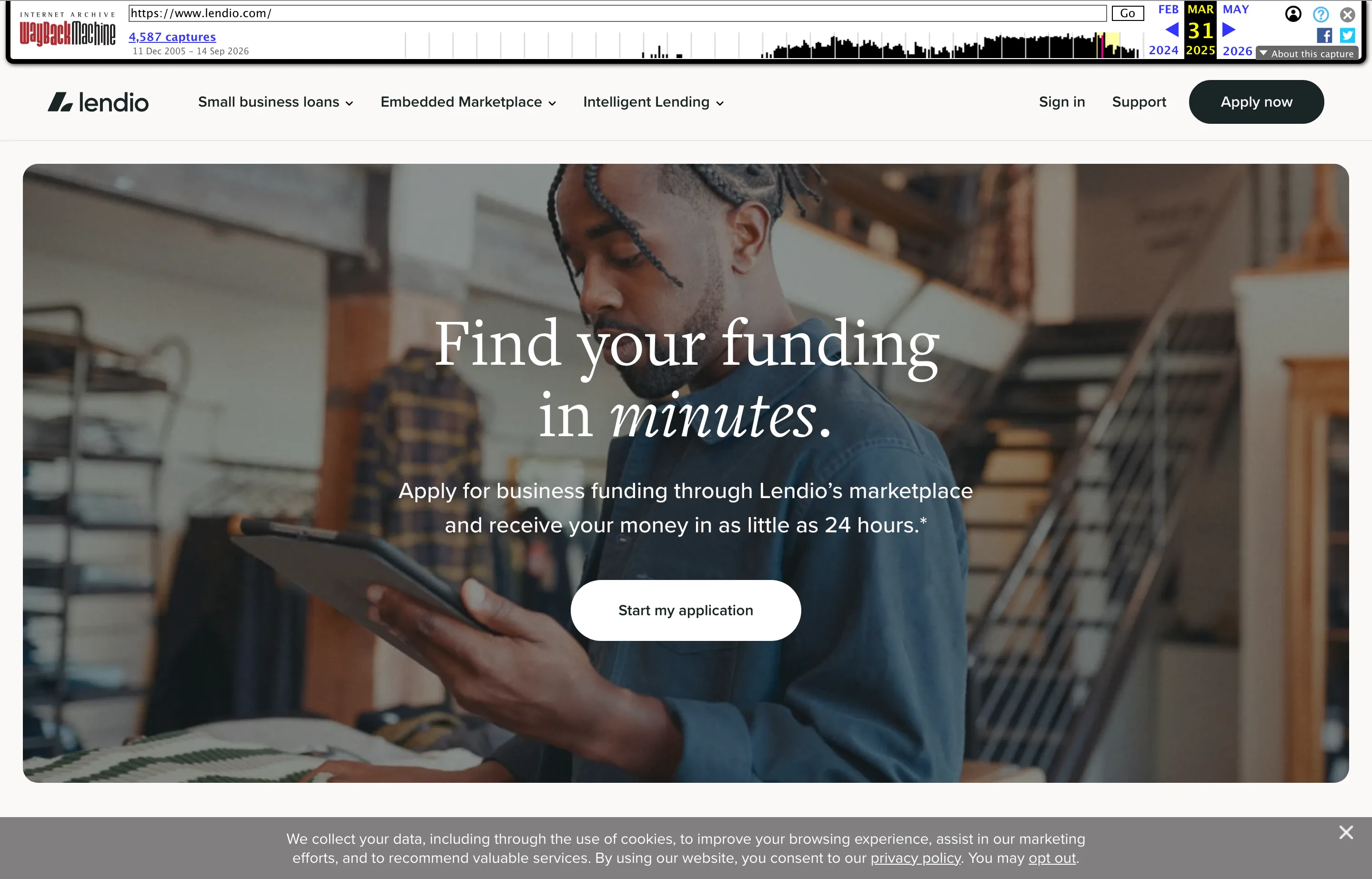 The Lendio homepage, a small-business loan marketplace matching one application to many lenders.