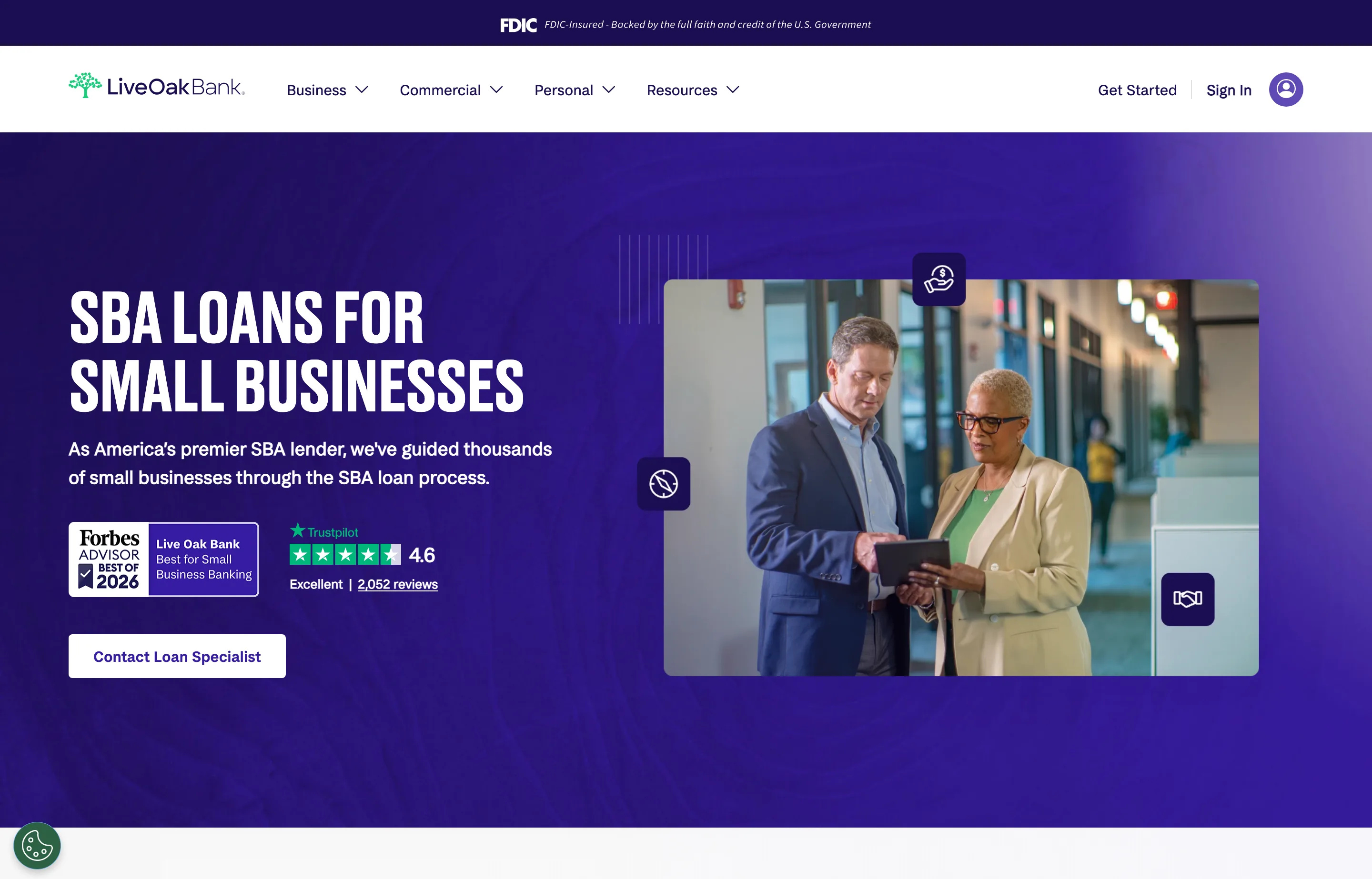 The Live Oak Bank SBA loans page, with 7(a) and 504 programs and industry loan teams.