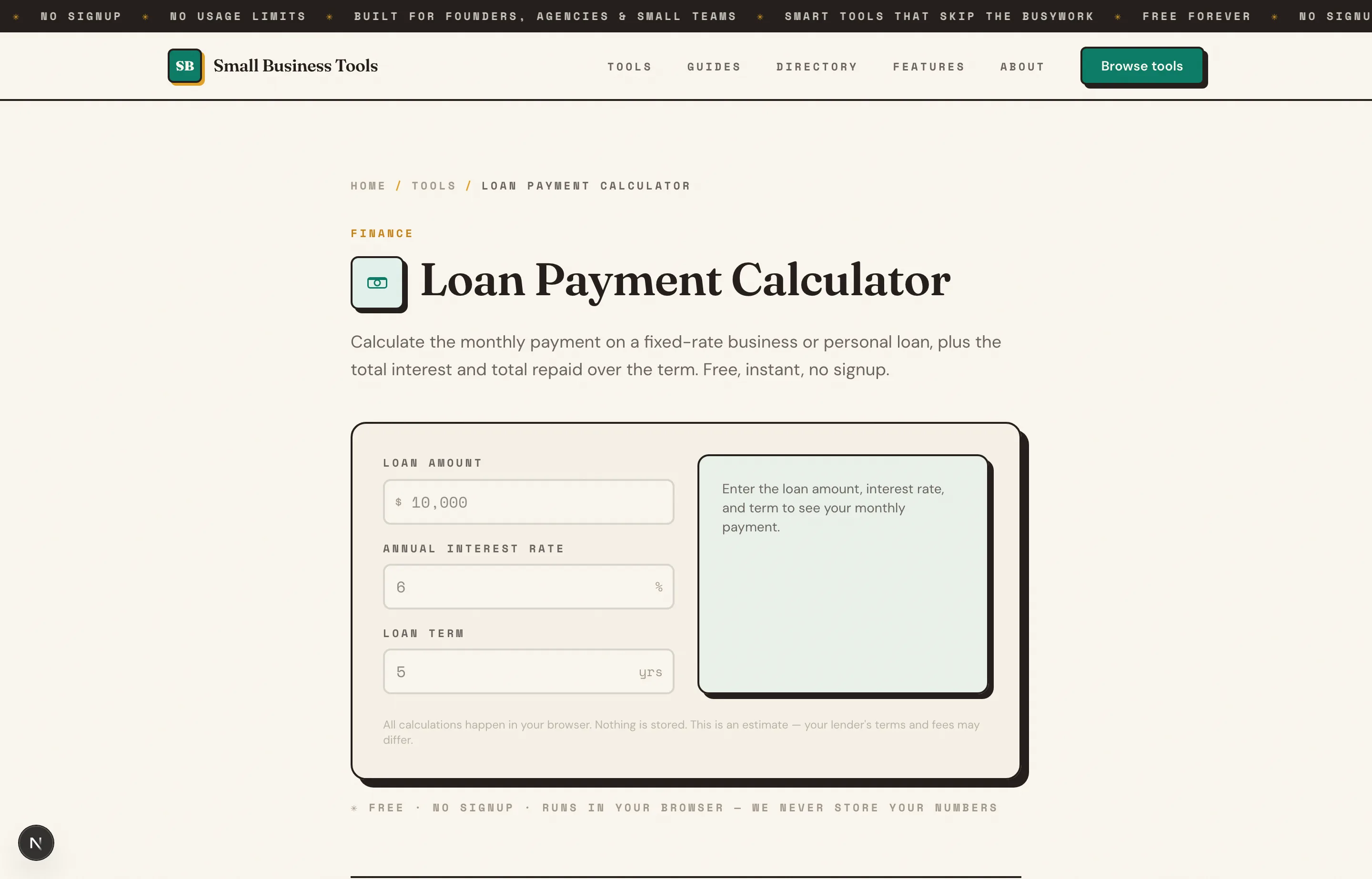 The Small Business Tools Loan Payment Calculator, showing the monthly payment and total interest for a fixed-rate loan.