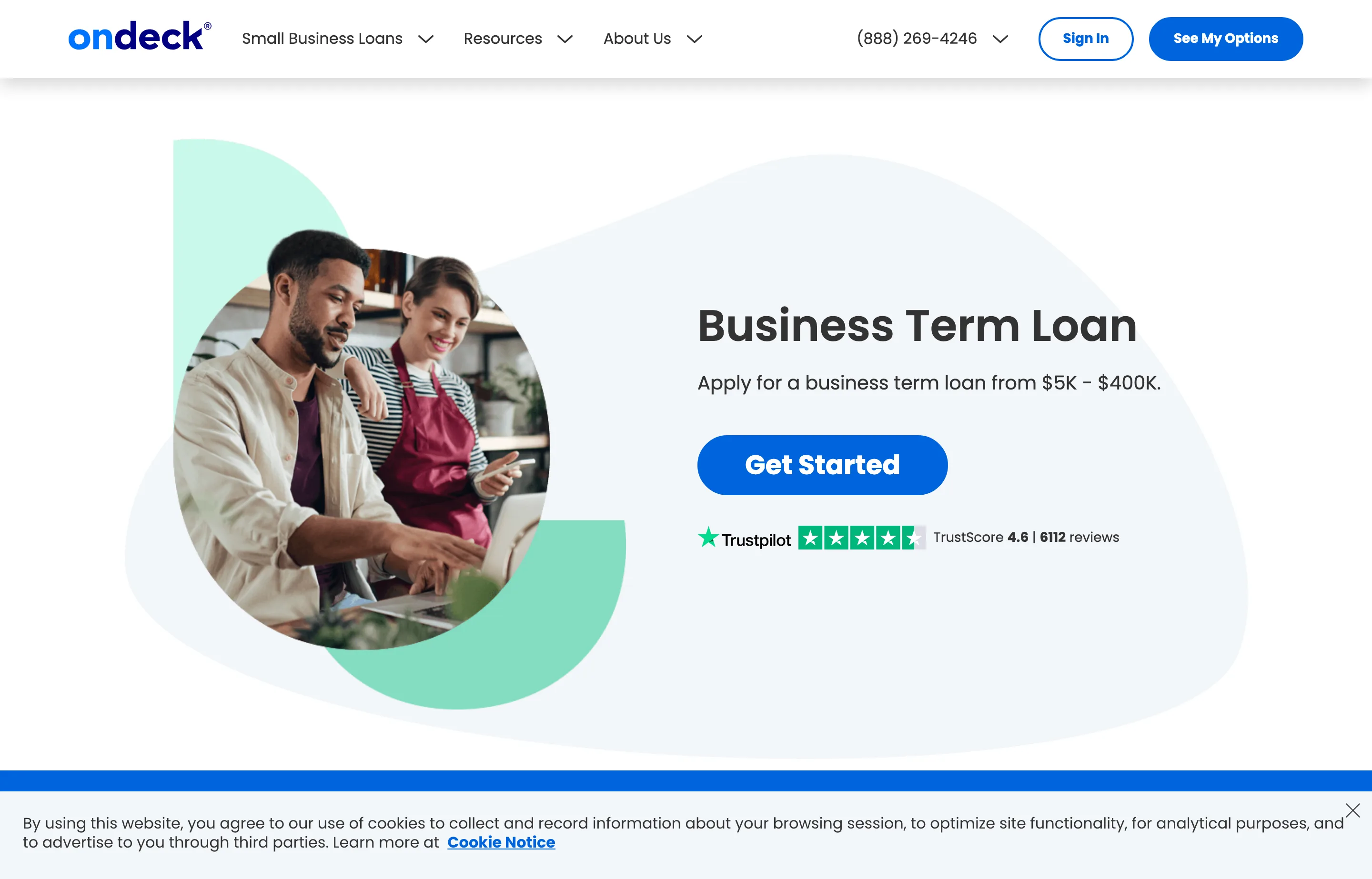 The OnDeck business term loan page, with loan amounts, terms, and eligibility.