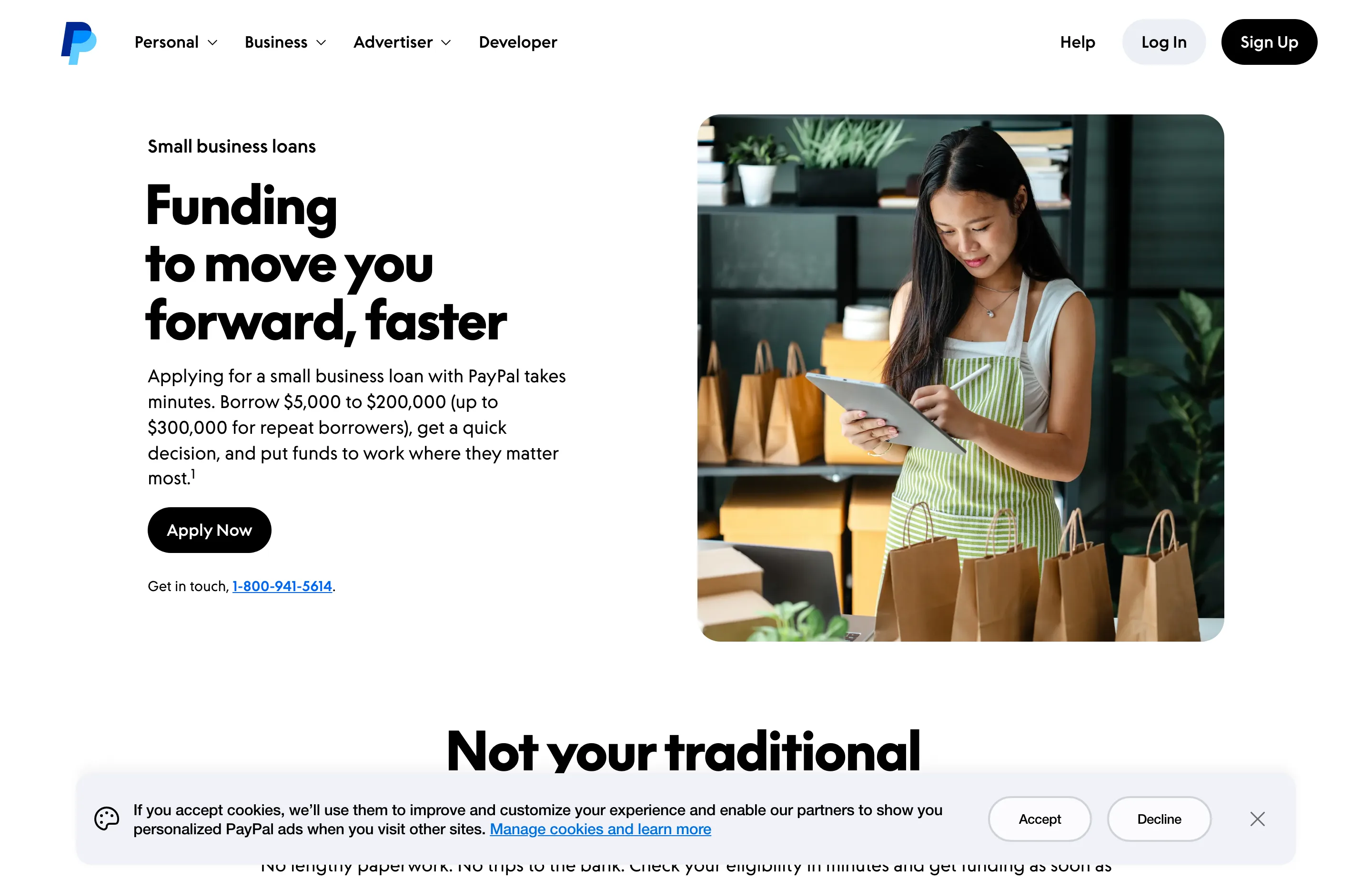 The PayPal Business Loan page, with loan amounts, terms, and the flat-fee structure.