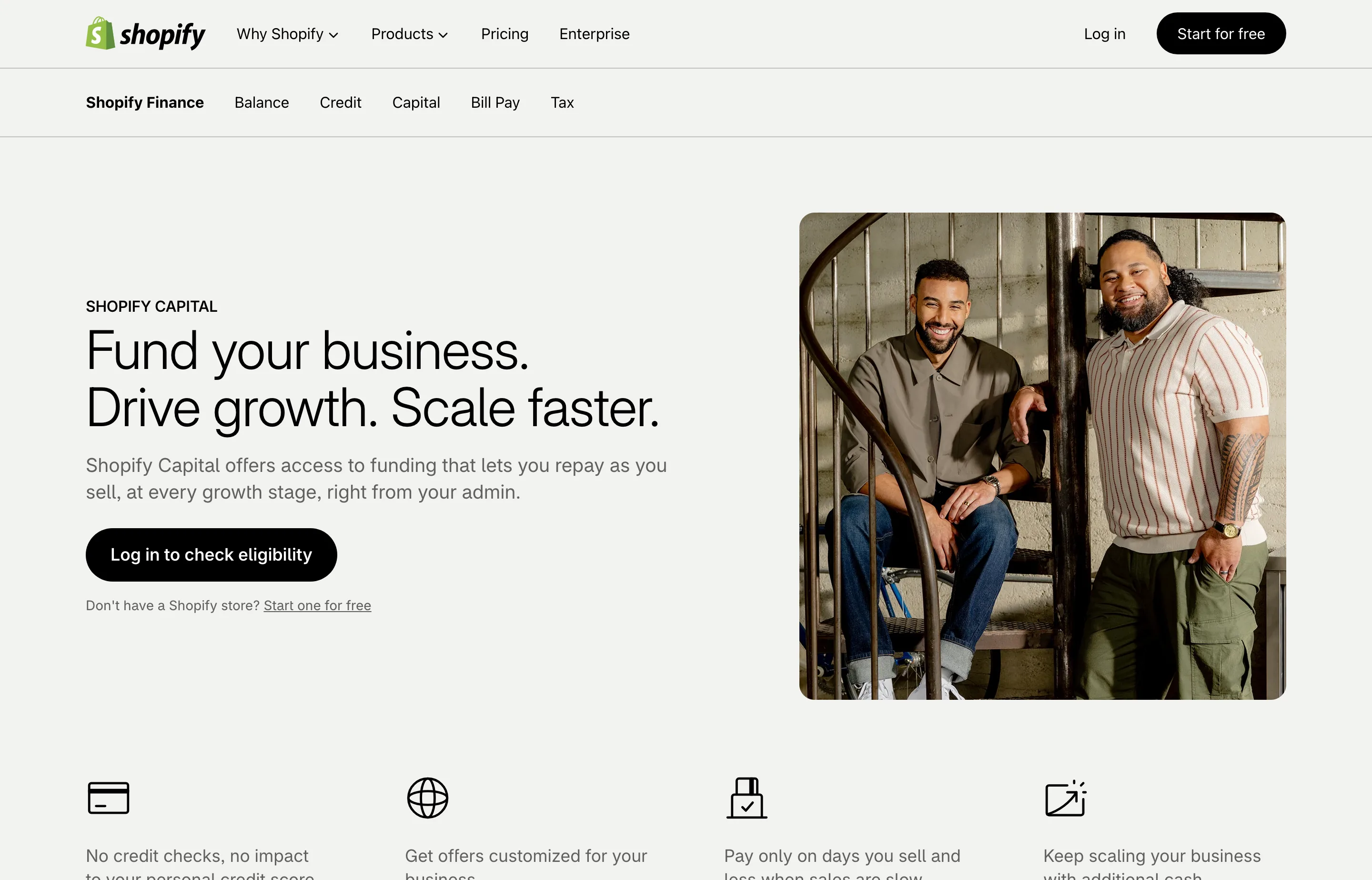 The Shopify Capital page, with funding up to $2M repaid from store sales.