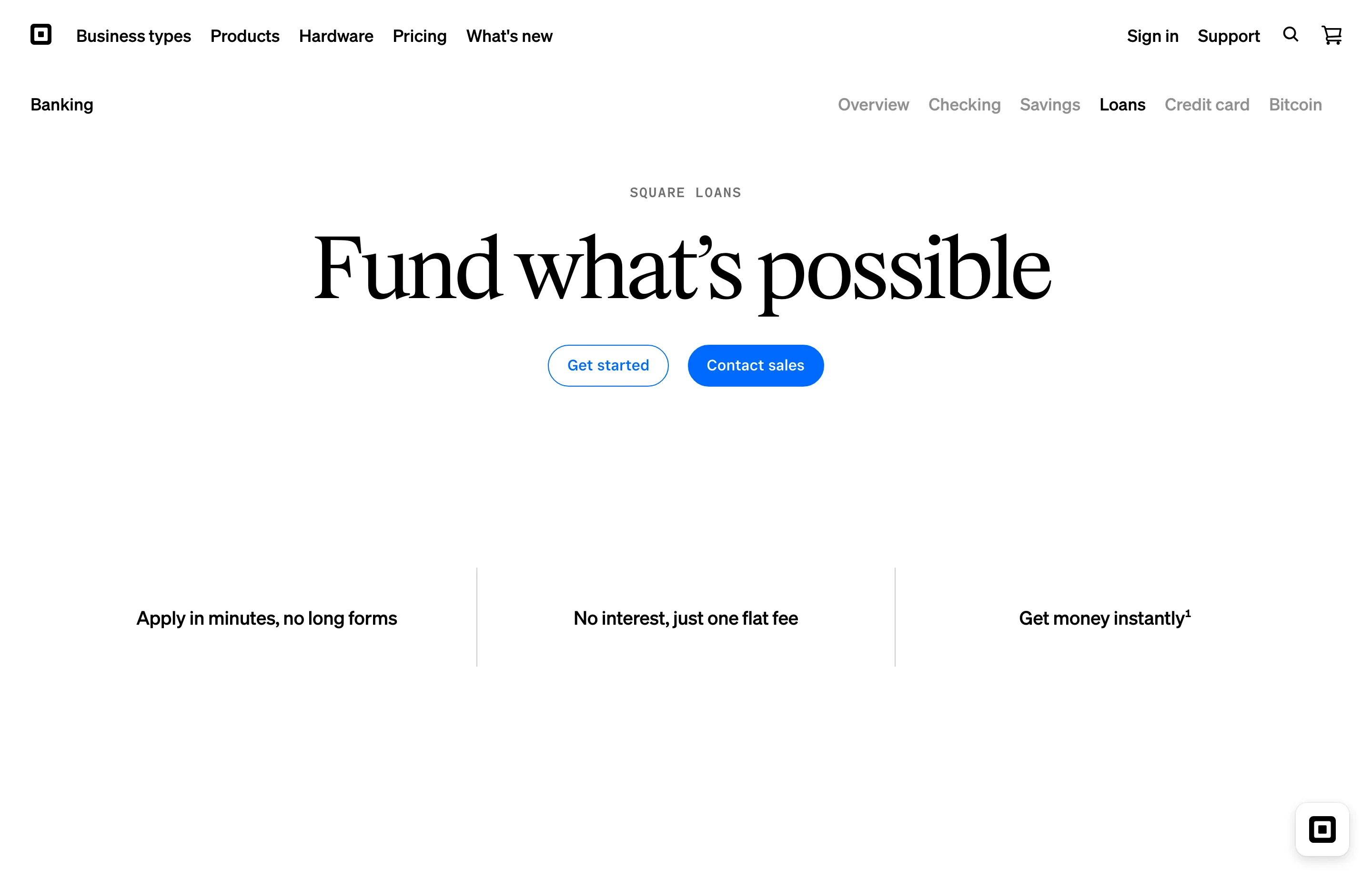 The Square Loans page, with funding from $100 to $500,000 repaid from daily sales.