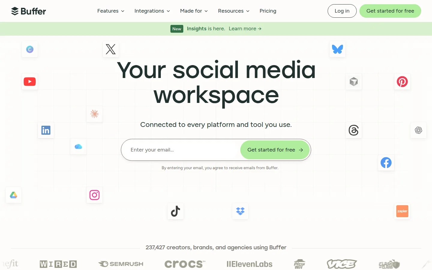 The Buffer website, a social media workspace connected to every major platform.