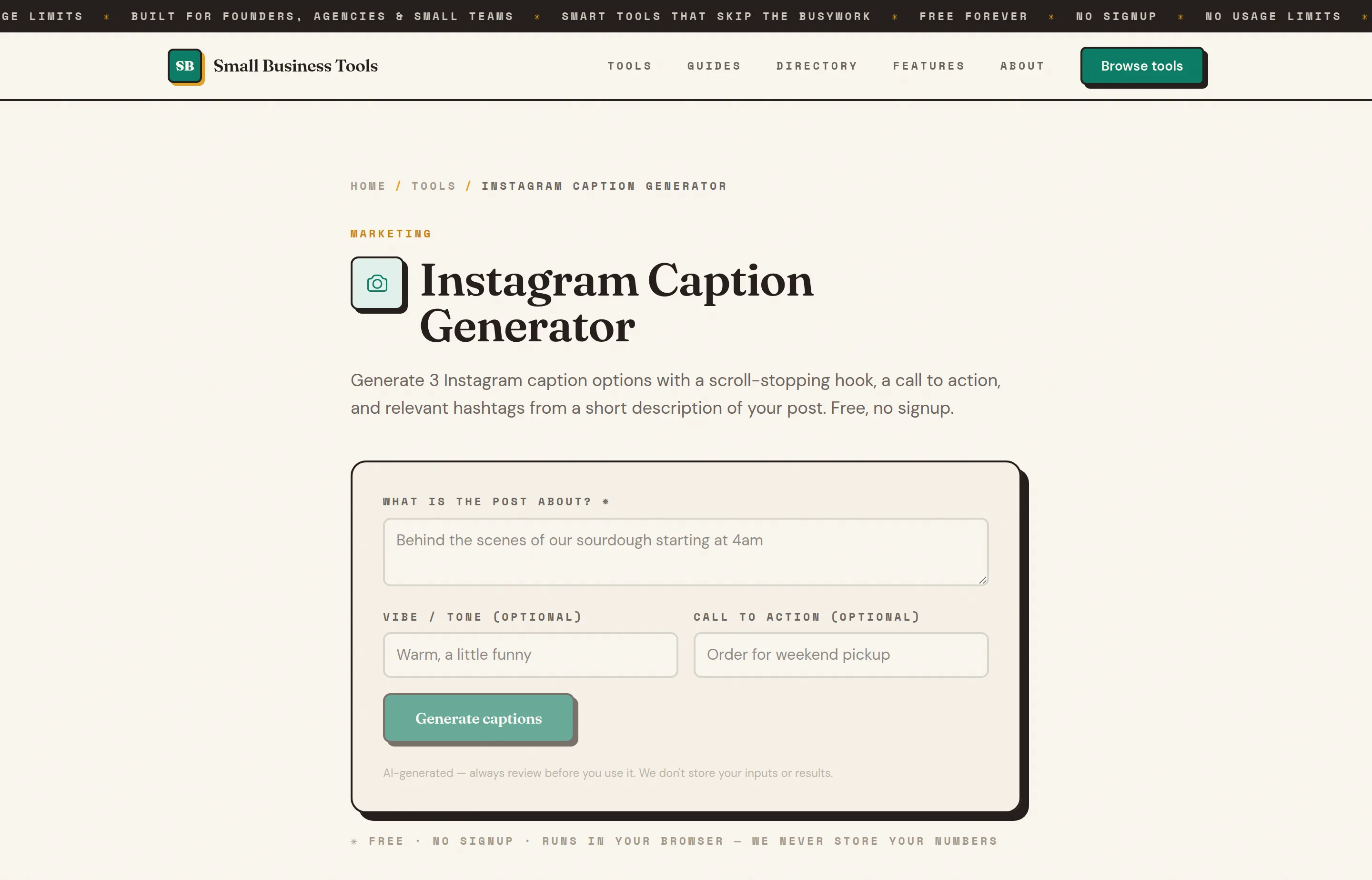 The Small Business Tools Instagram Caption Generator, showing fields for post description, tone and call to action.