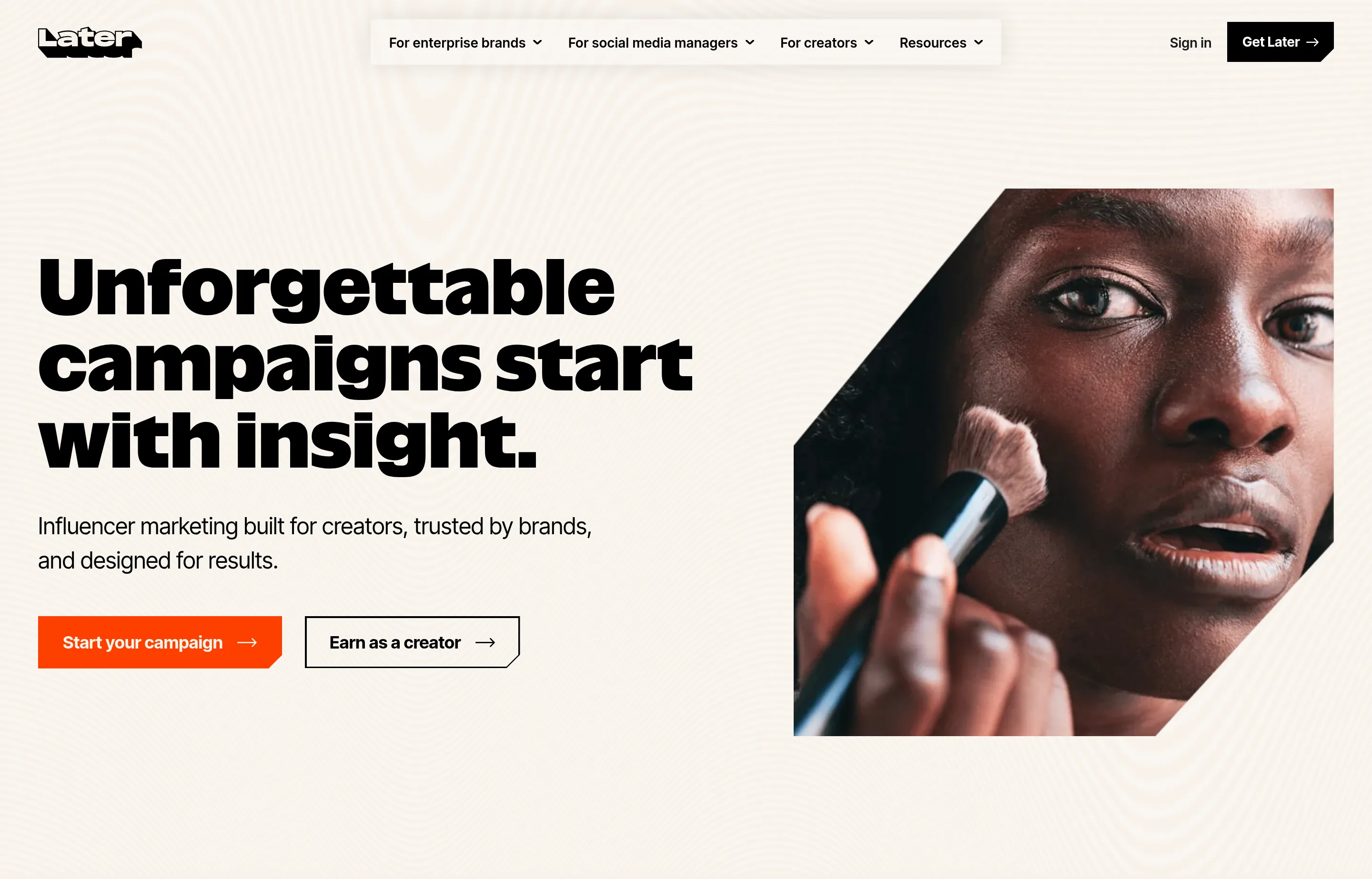 The Later website, which now leads with influencer marketing alongside its social scheduling tools.