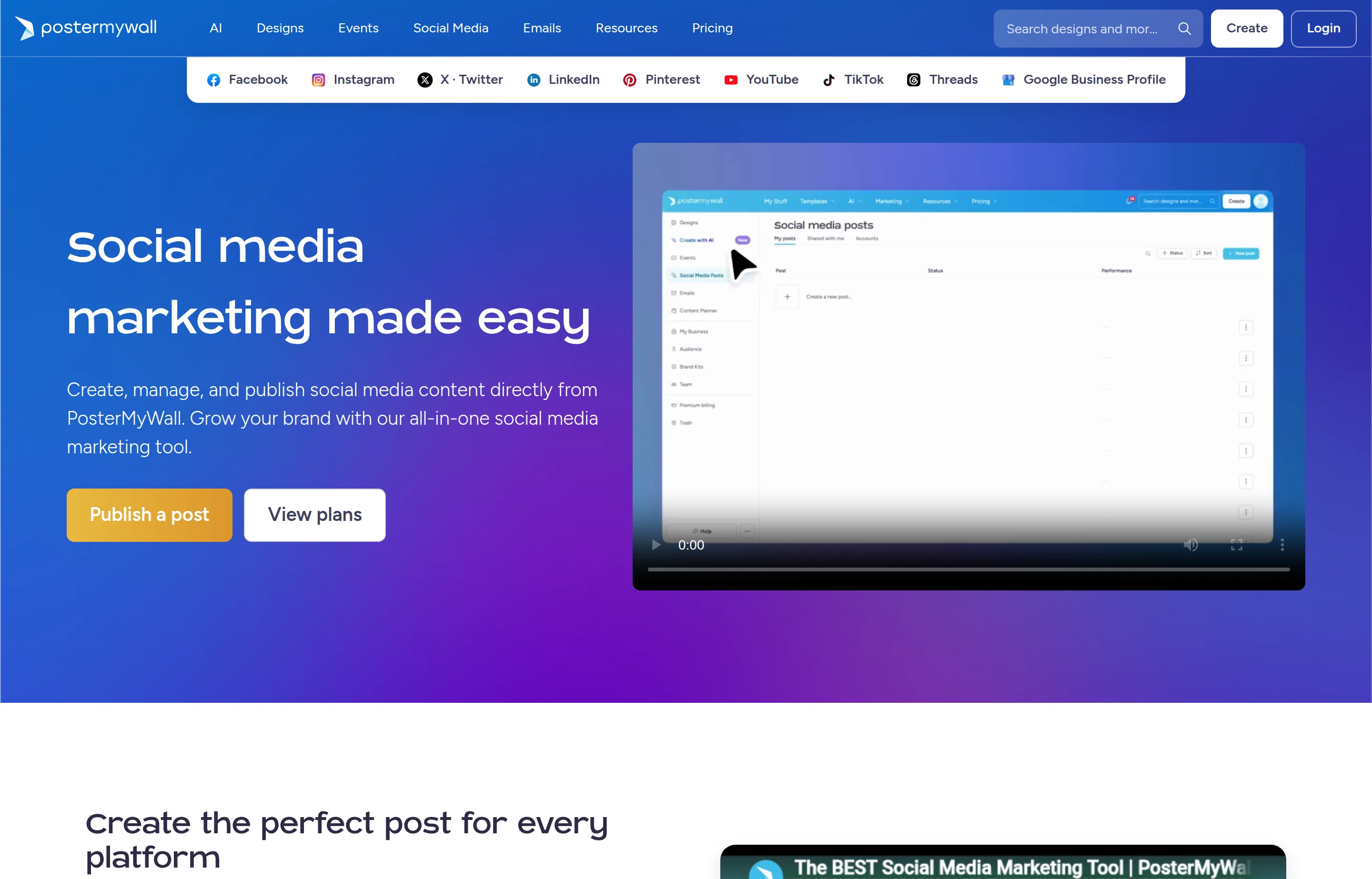 The PosterMyWall website, an all-in-one social media marketing tool with design built in.