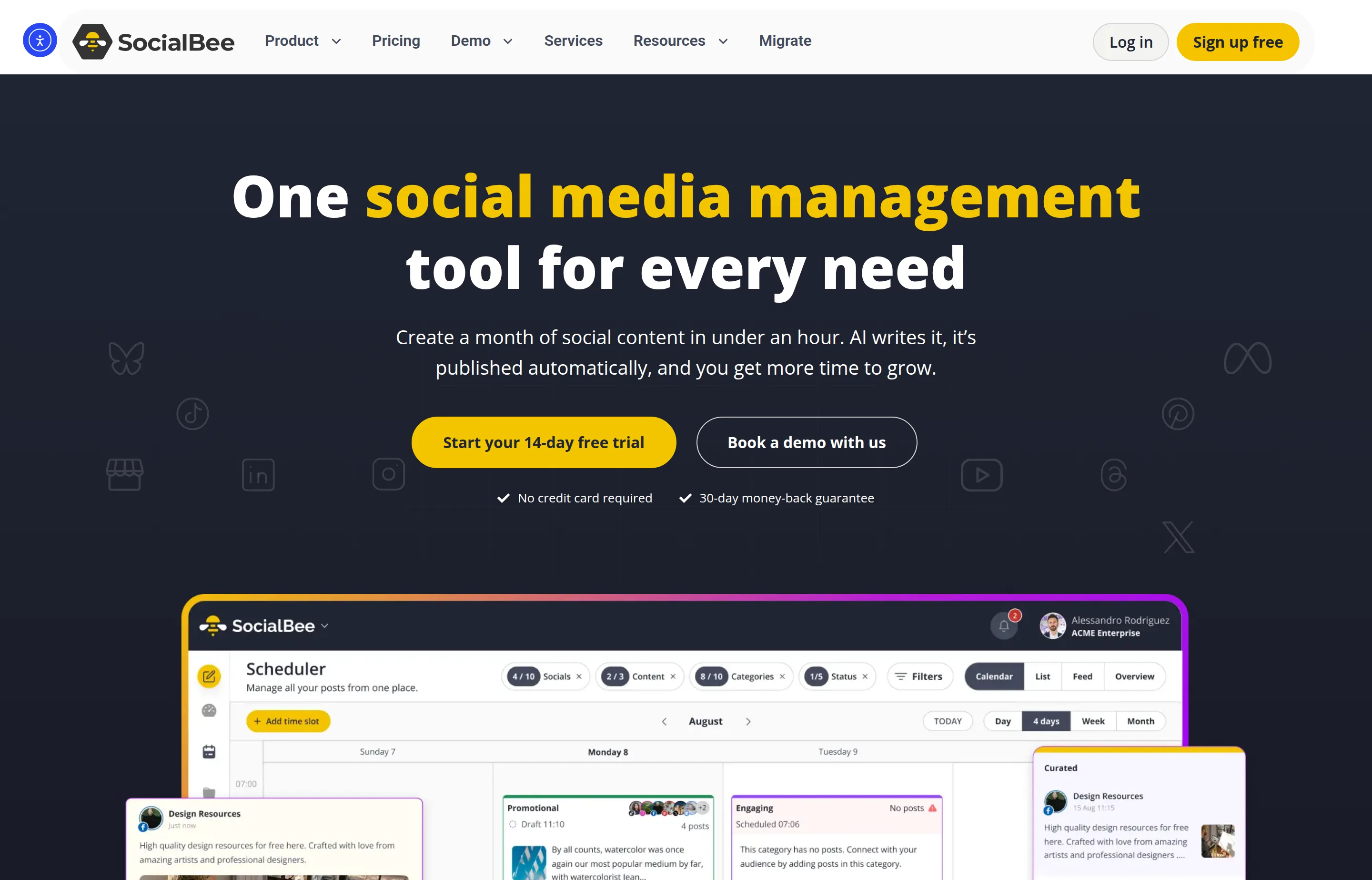 The SocialBee website, one social media management tool for every need.
