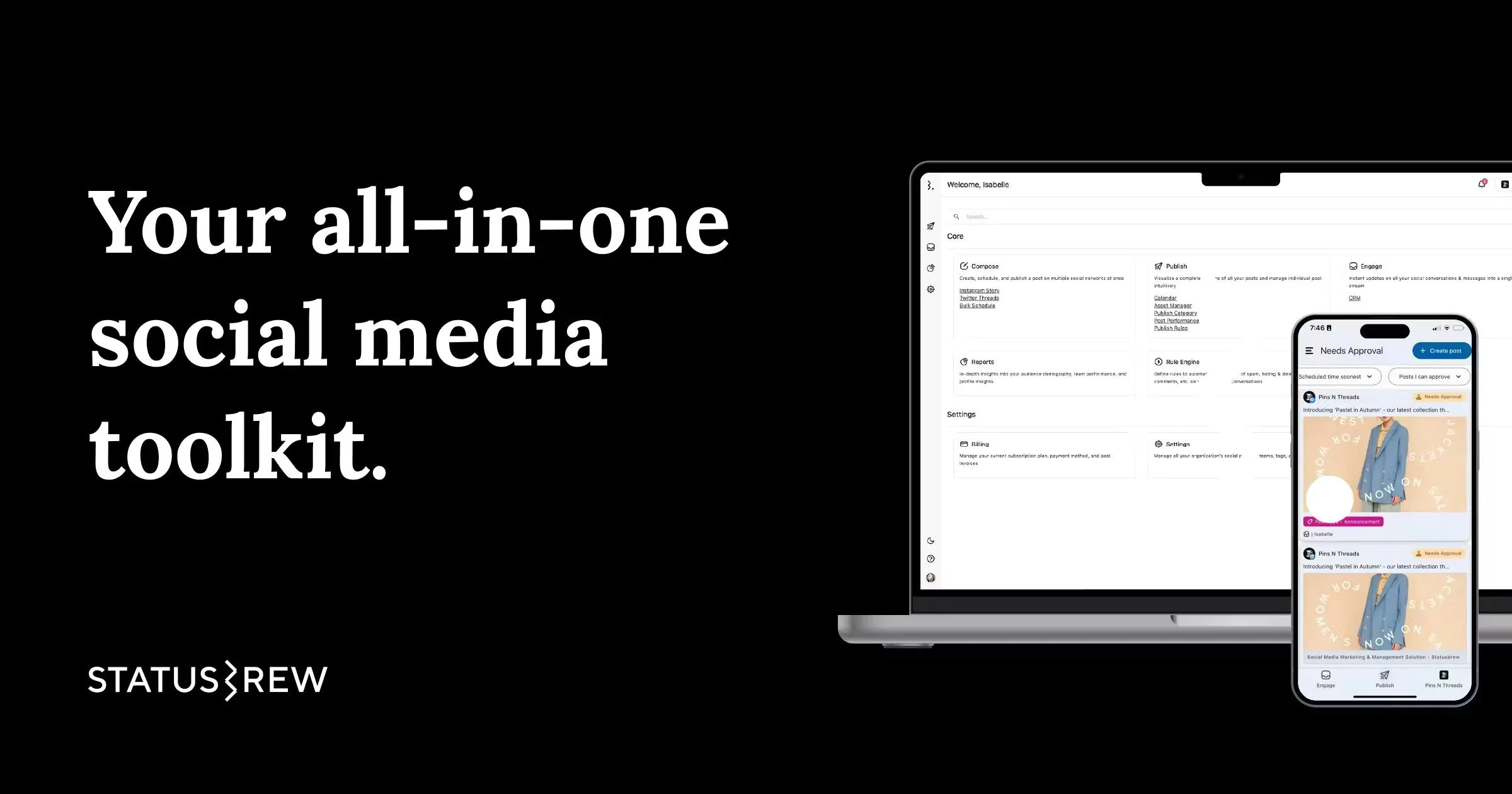 The Statusbrew website, a social media management platform that scales into approvals, inbox and reporting.