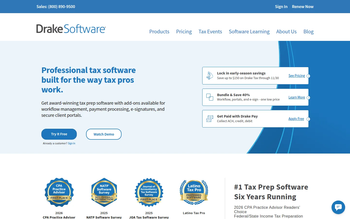 The Drake Tax pricing page, professional tax software packages for preparers.