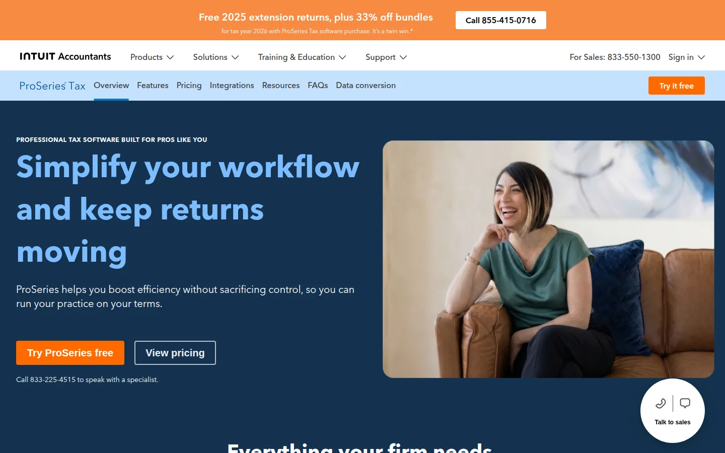 The Intuit ProSeries pricing page, professional tax software plans and per-return pricing.