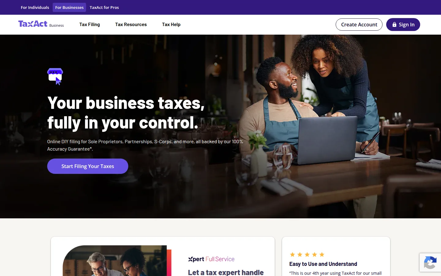 The TaxAct business returns page, online tax software for partnerships, S corps and C corps.