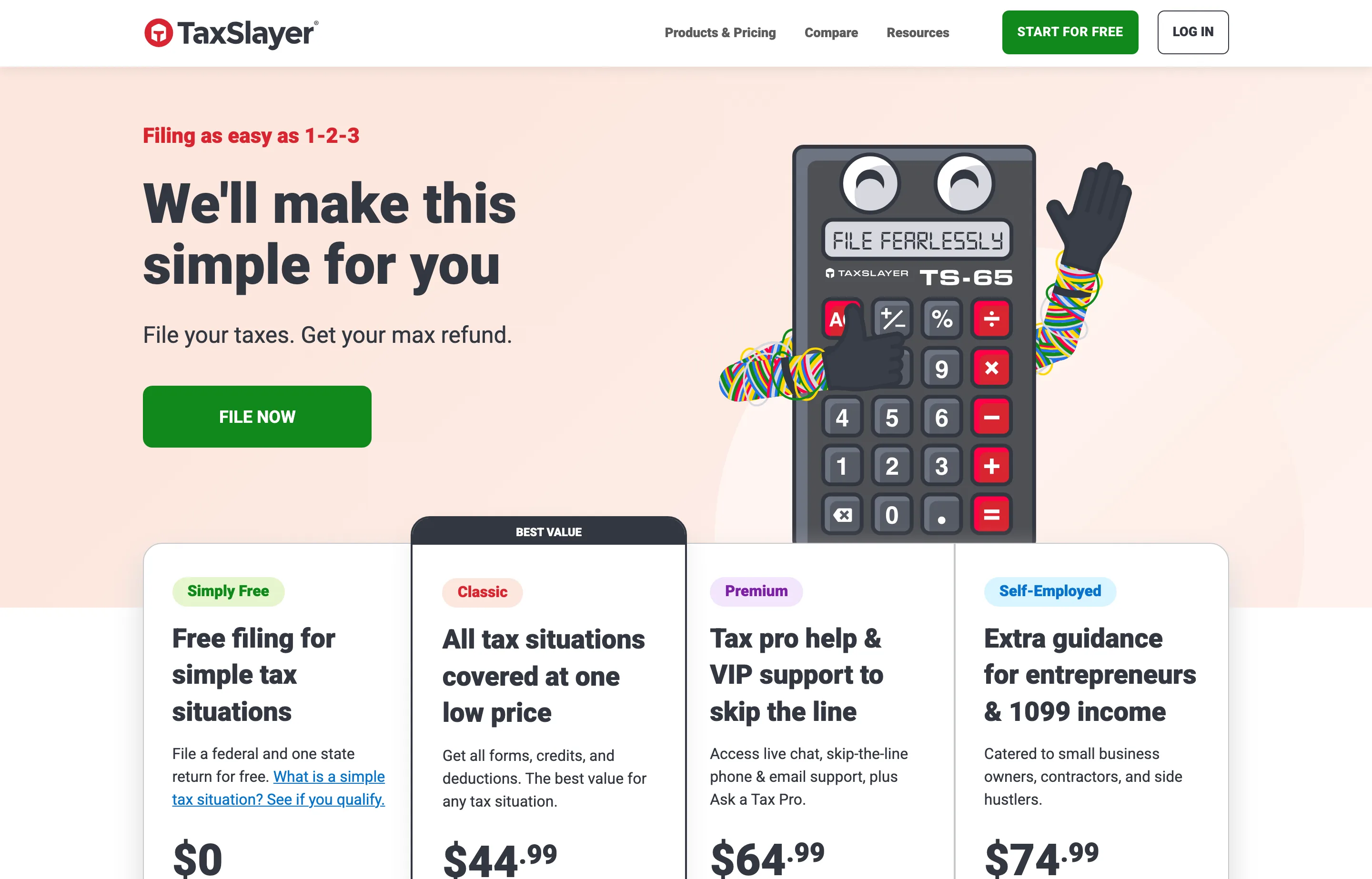 The TaxSlayer website, online tax filing packages including a Self-Employed tier.