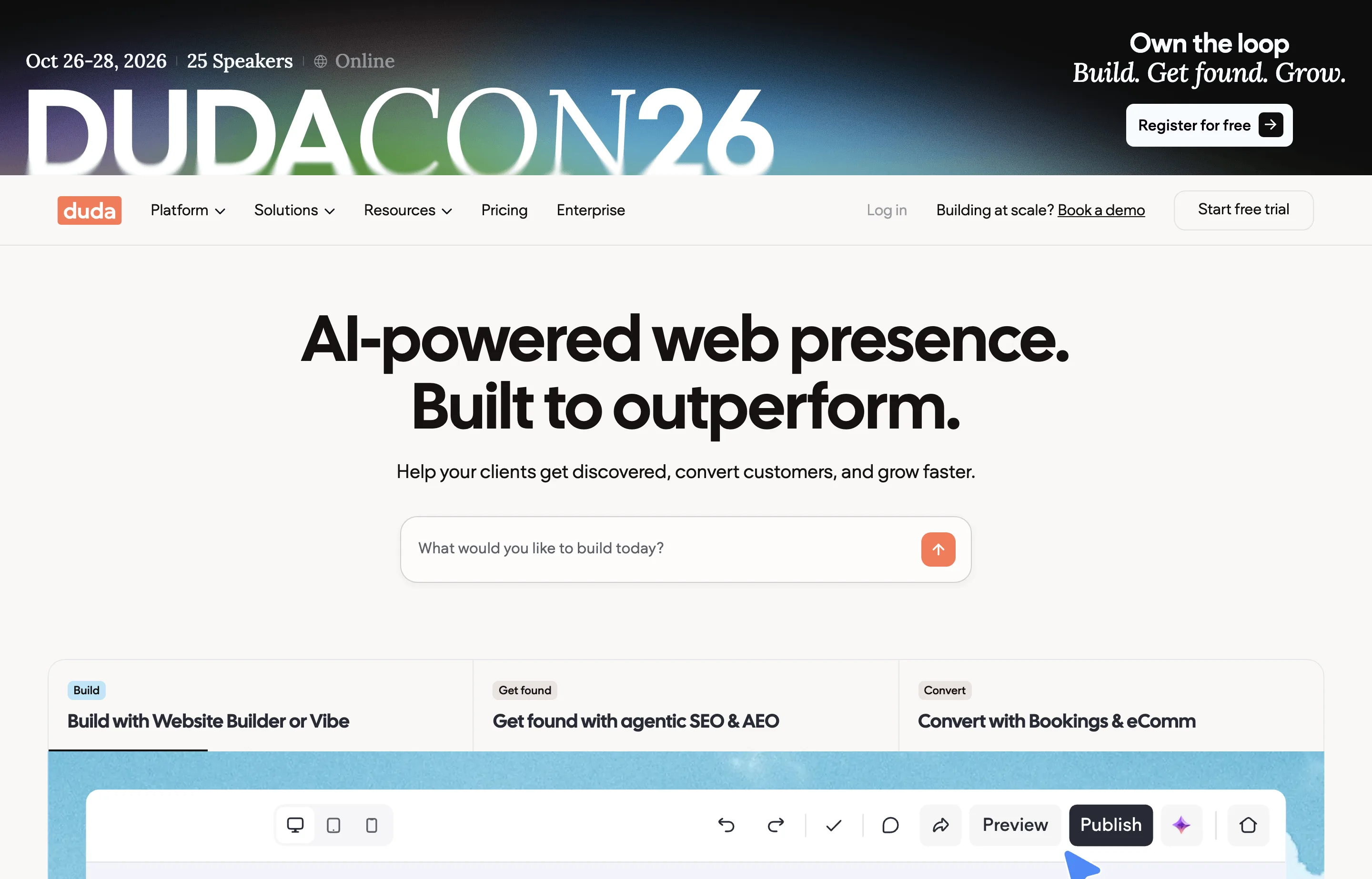 The Duda website homepage.