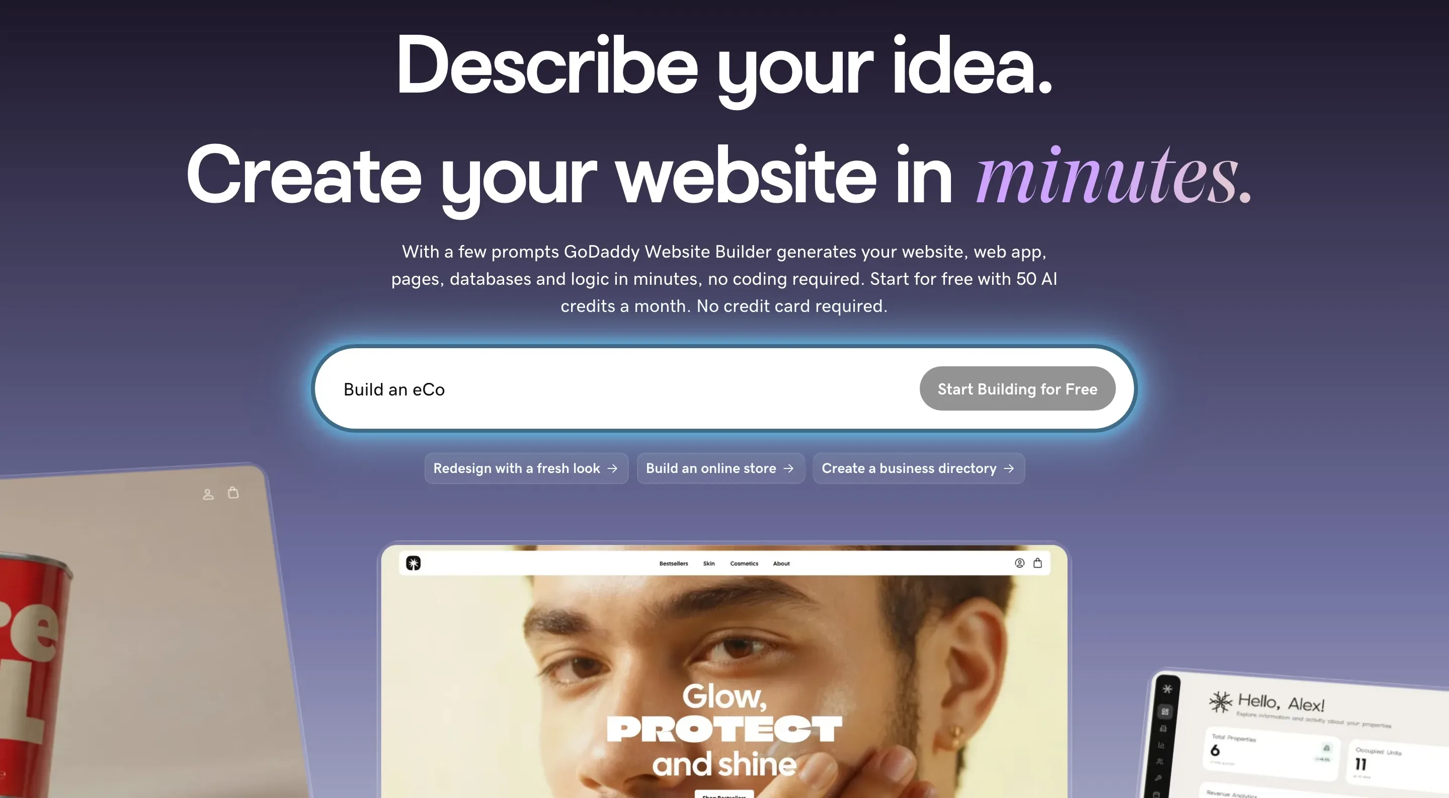 The GoDaddy Website Builder homepage.