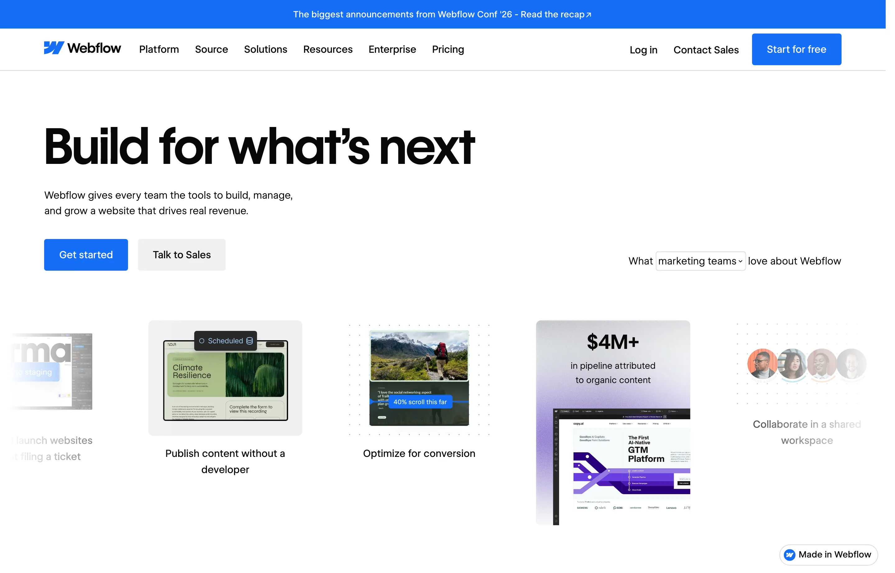 The Webflow website homepage.