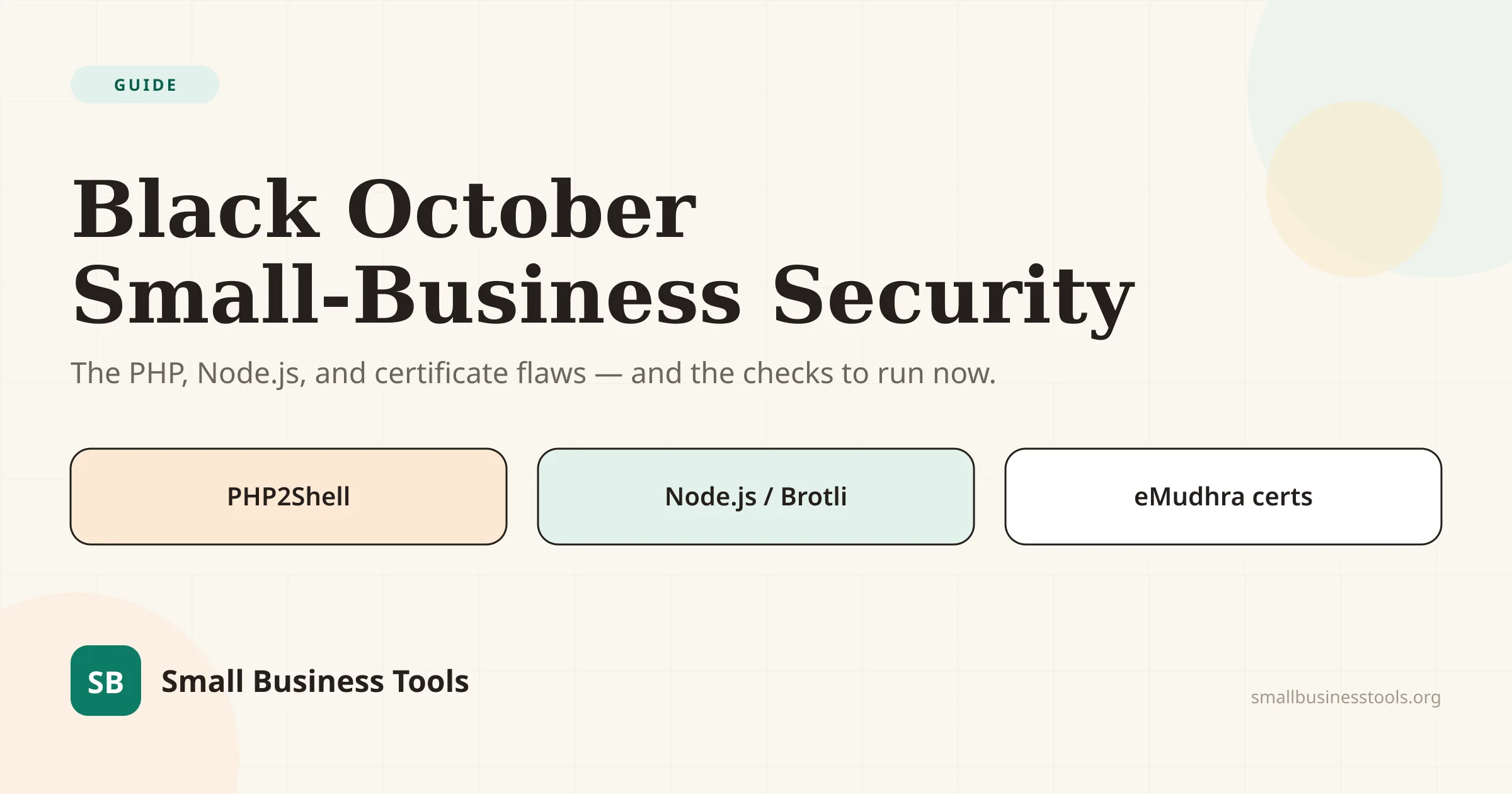 Editorial hero for Black October 2026: the three incidents that hit small-business websites are the PHP2Shell PHP flaws, the Node.js and Brotli decoder bug, and the weak eMudhra certificates.