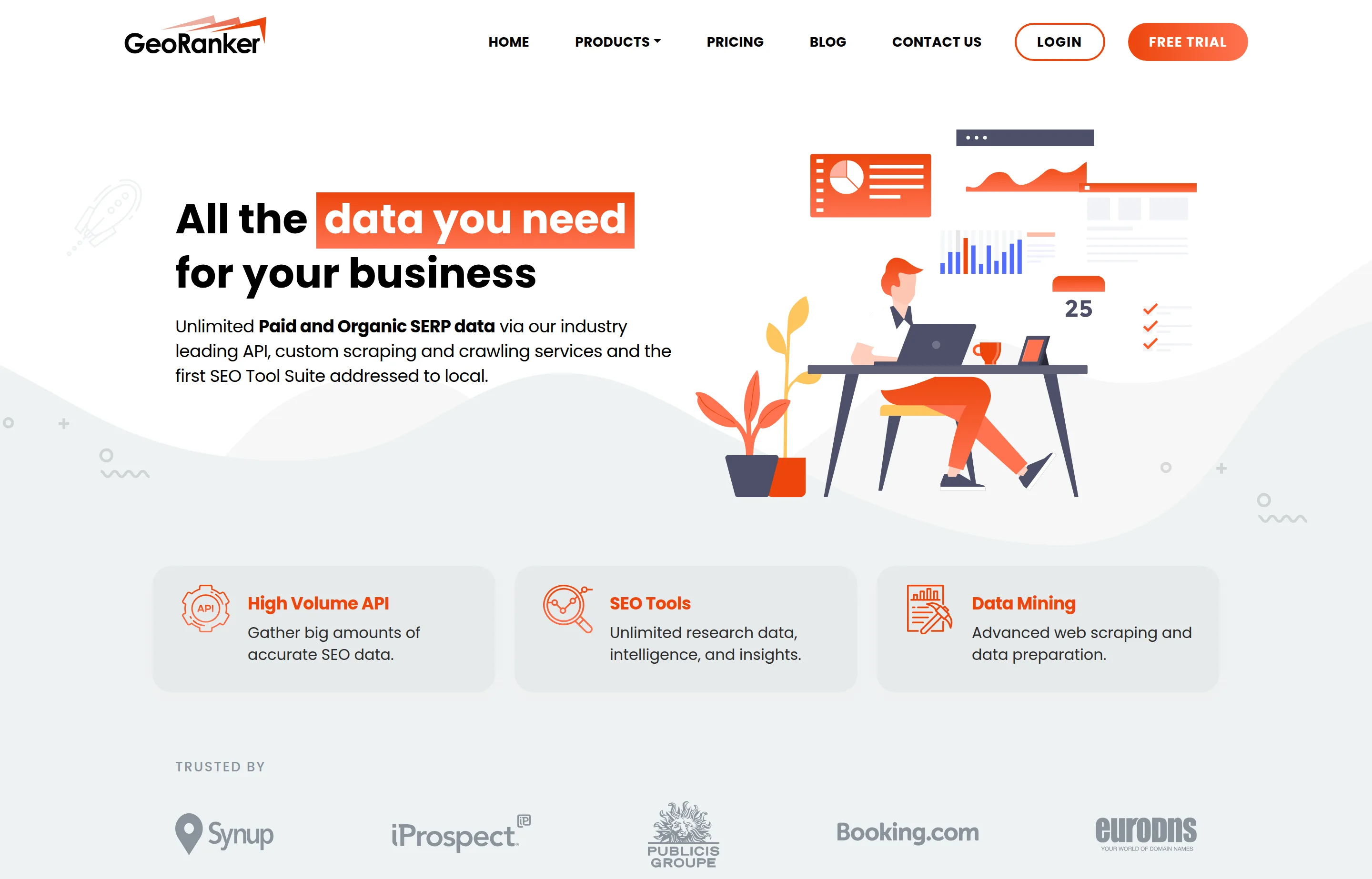 The GeoRanker homepage, showing its local rank tracking and SEO data products.